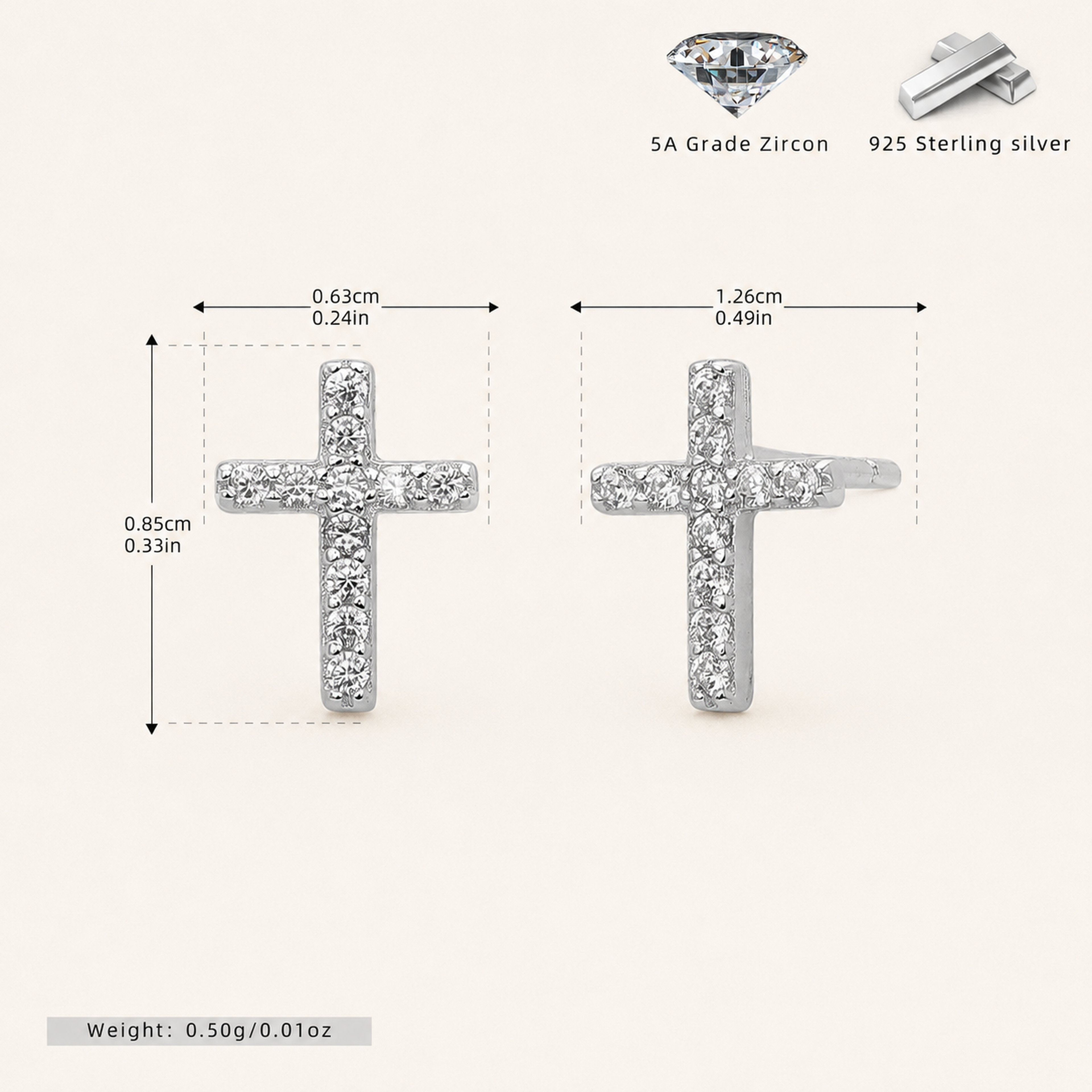 Sterling Silver Zirconia Cross Stud Earrings - Platinum