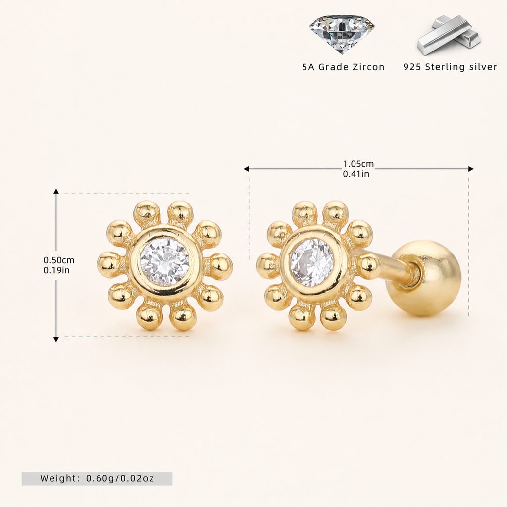 Sterling Silver Sunflower Zirconia Flat Back Earrings - Gold