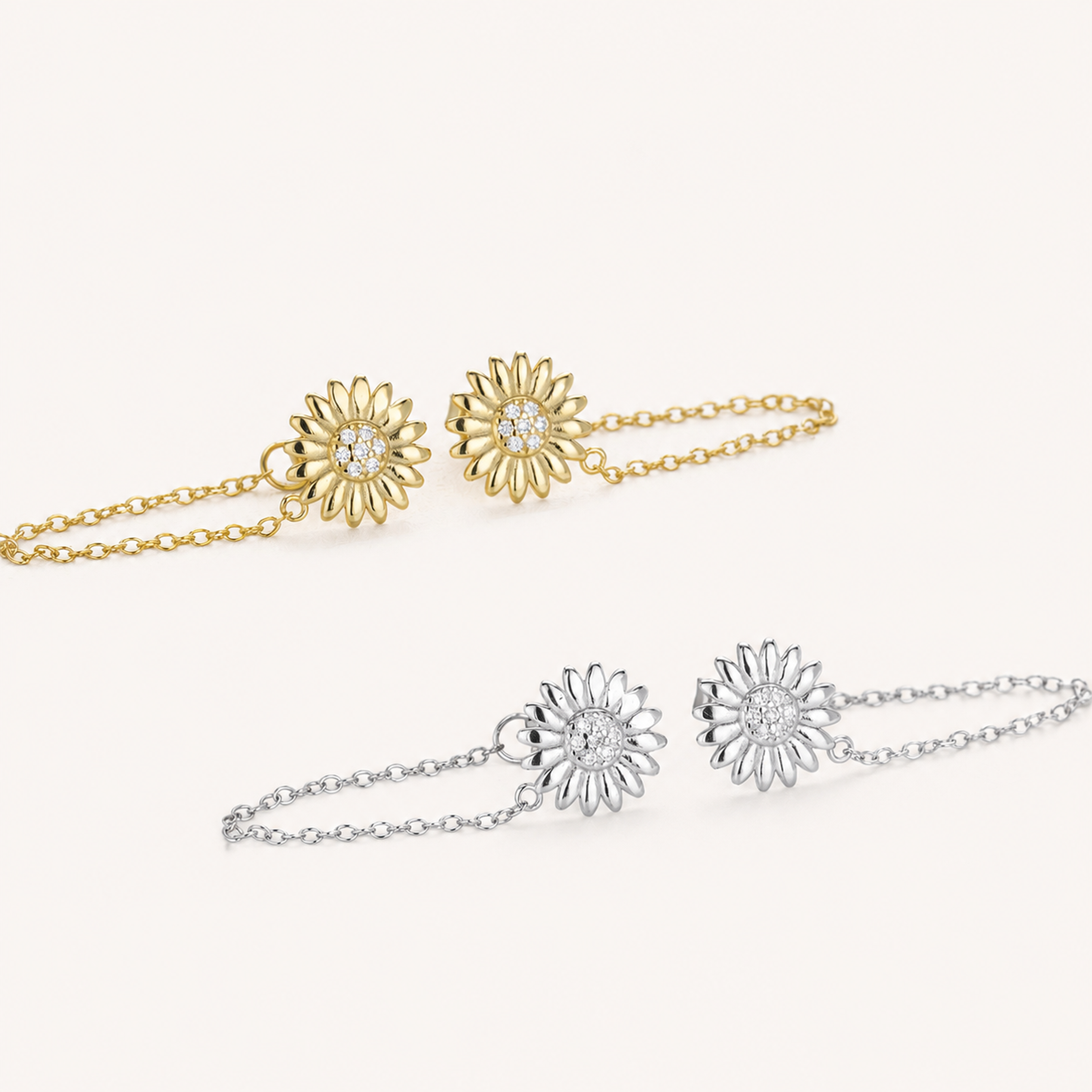Sterling Silver Sunflower Zirconia Chain Drop Stud Earrings detail