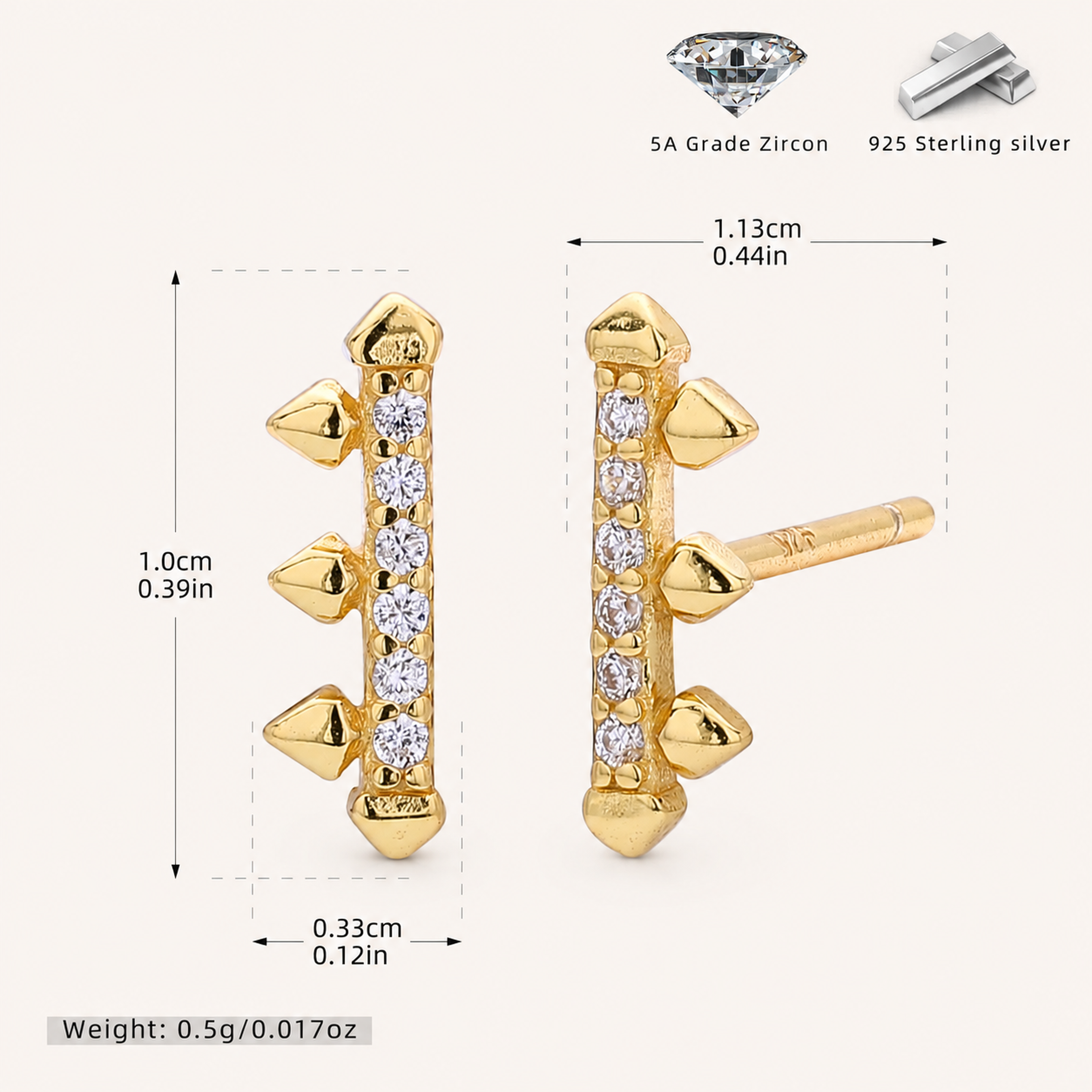Sterling Silver Zirconia Rake Stud Earrings - Gold