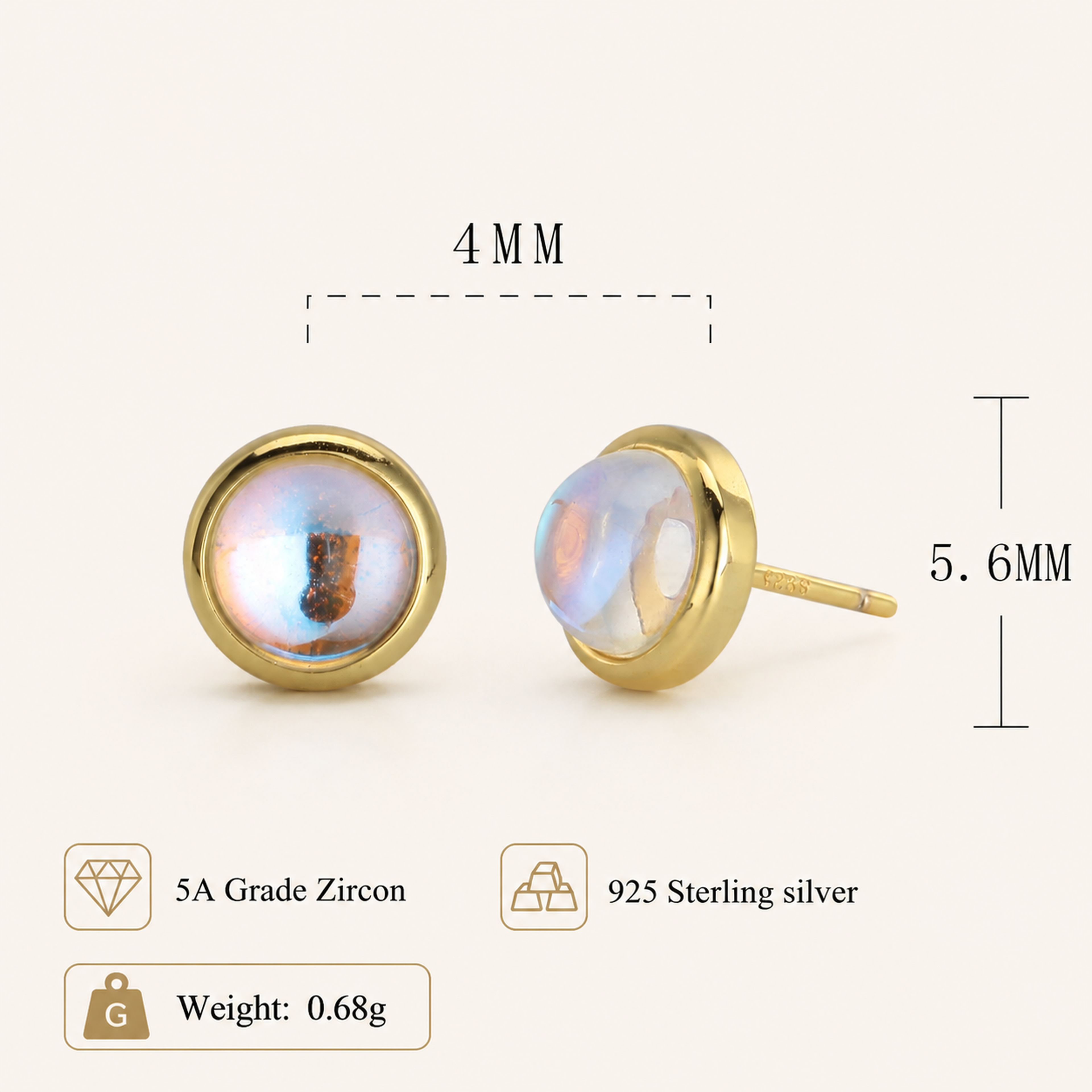 Sterling Silver Moonstone Stud Earrings - Gold / 4mm