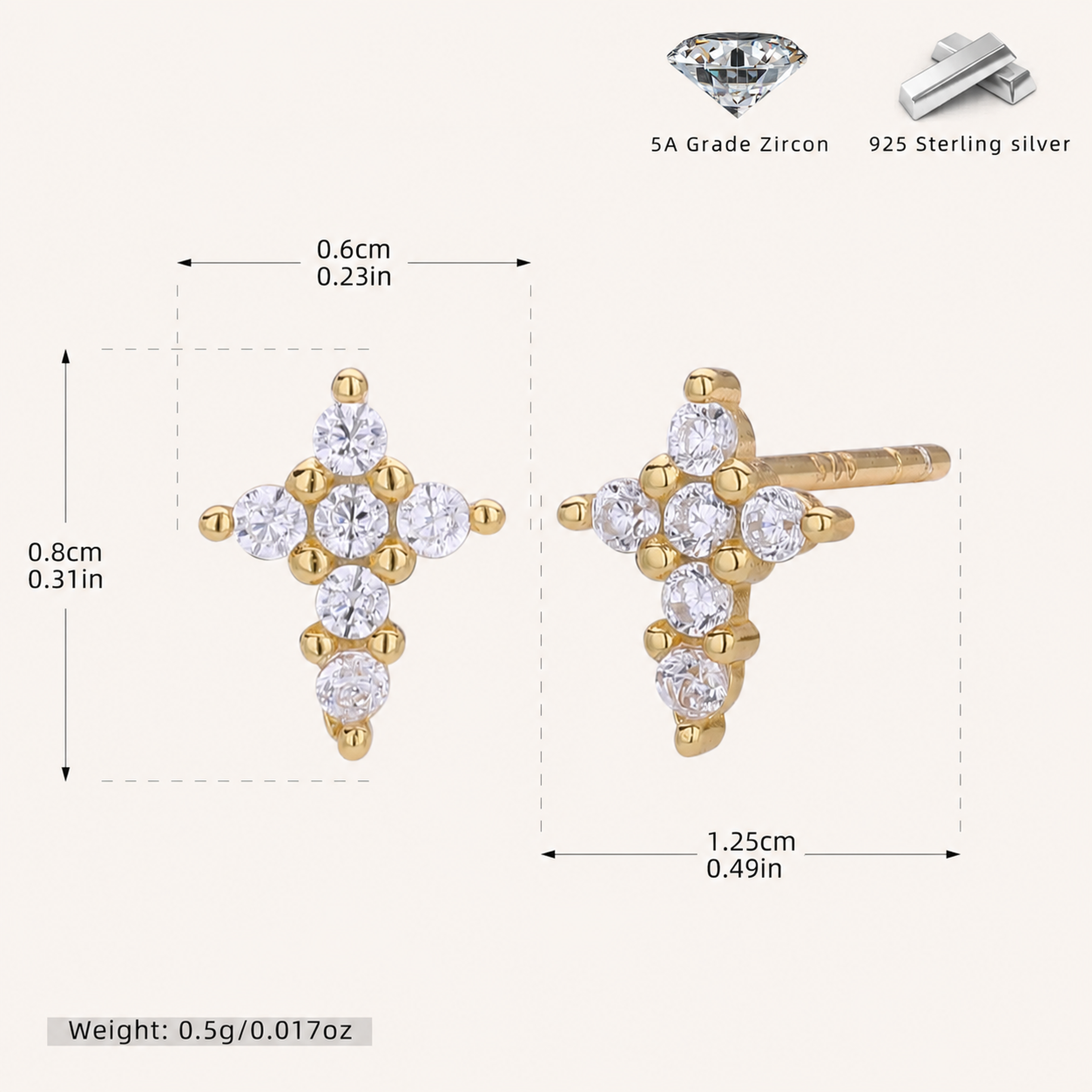 Sterling Silver Zirconia Cross Stud Earrings - Gold