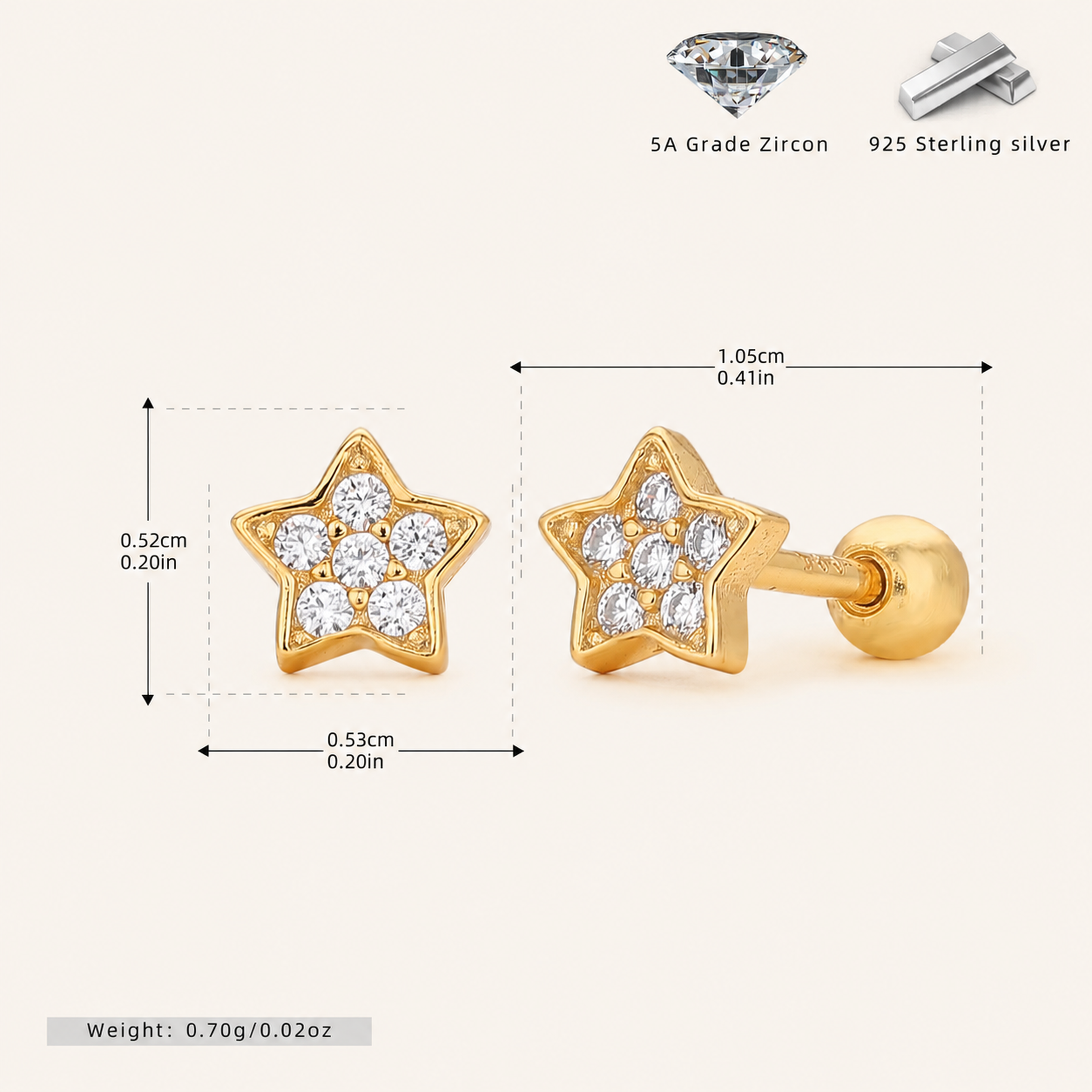 Sterling Silver Zirconia Star Flat Back Earrings - Gold