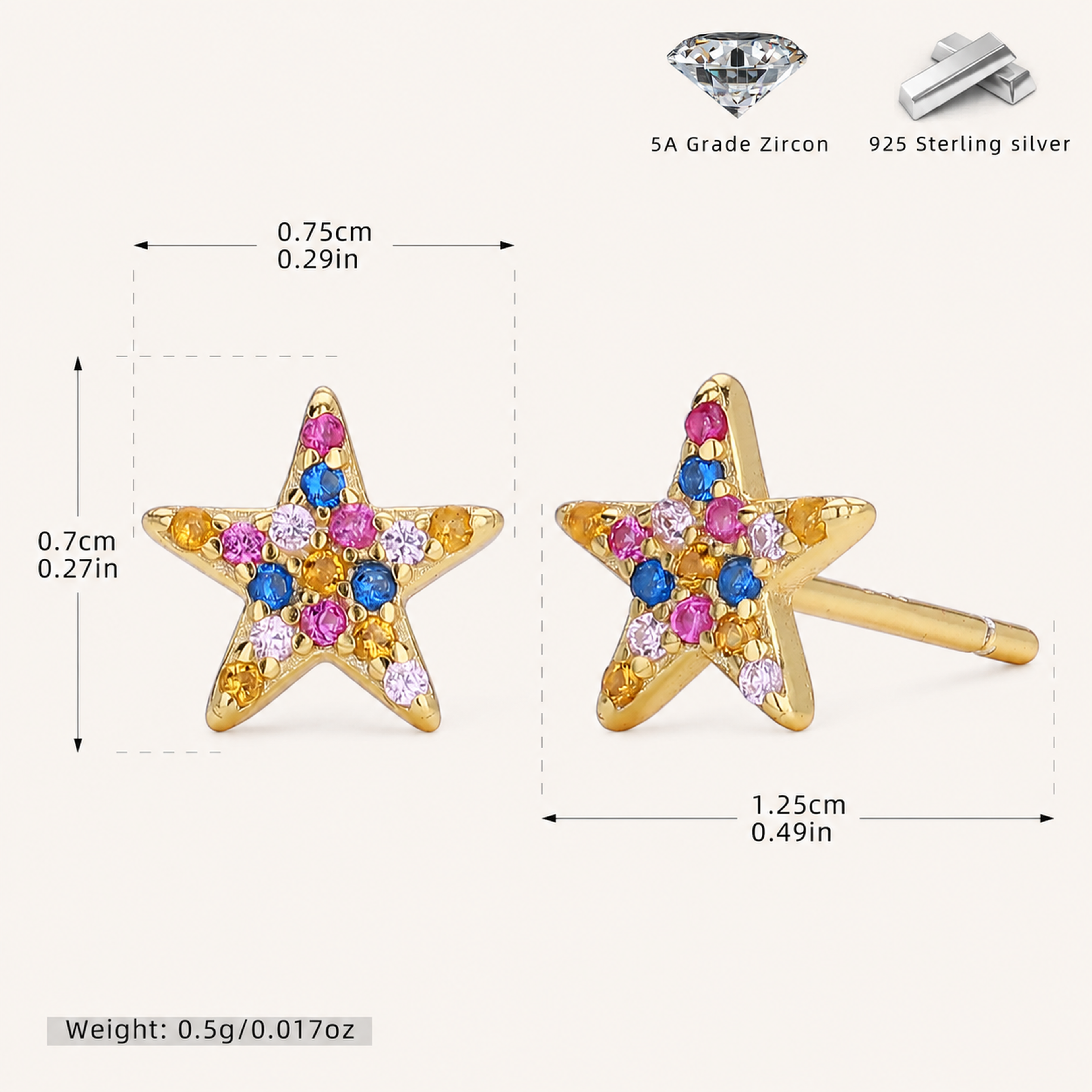 Sterling Silver Colorful Zirconia Stud Earrings - Gold
