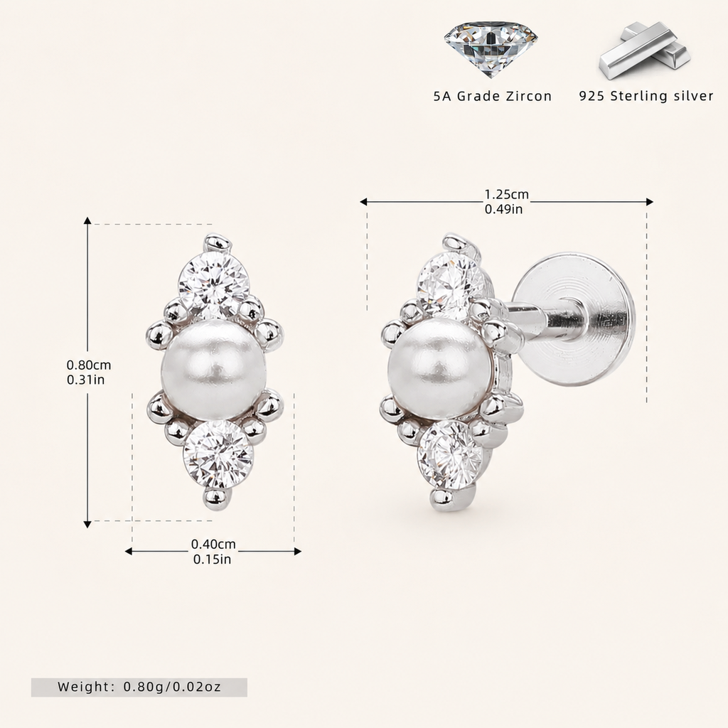 Sterling Silver Irregular Zirconia Pearl Flat Back Earrings - Platinum