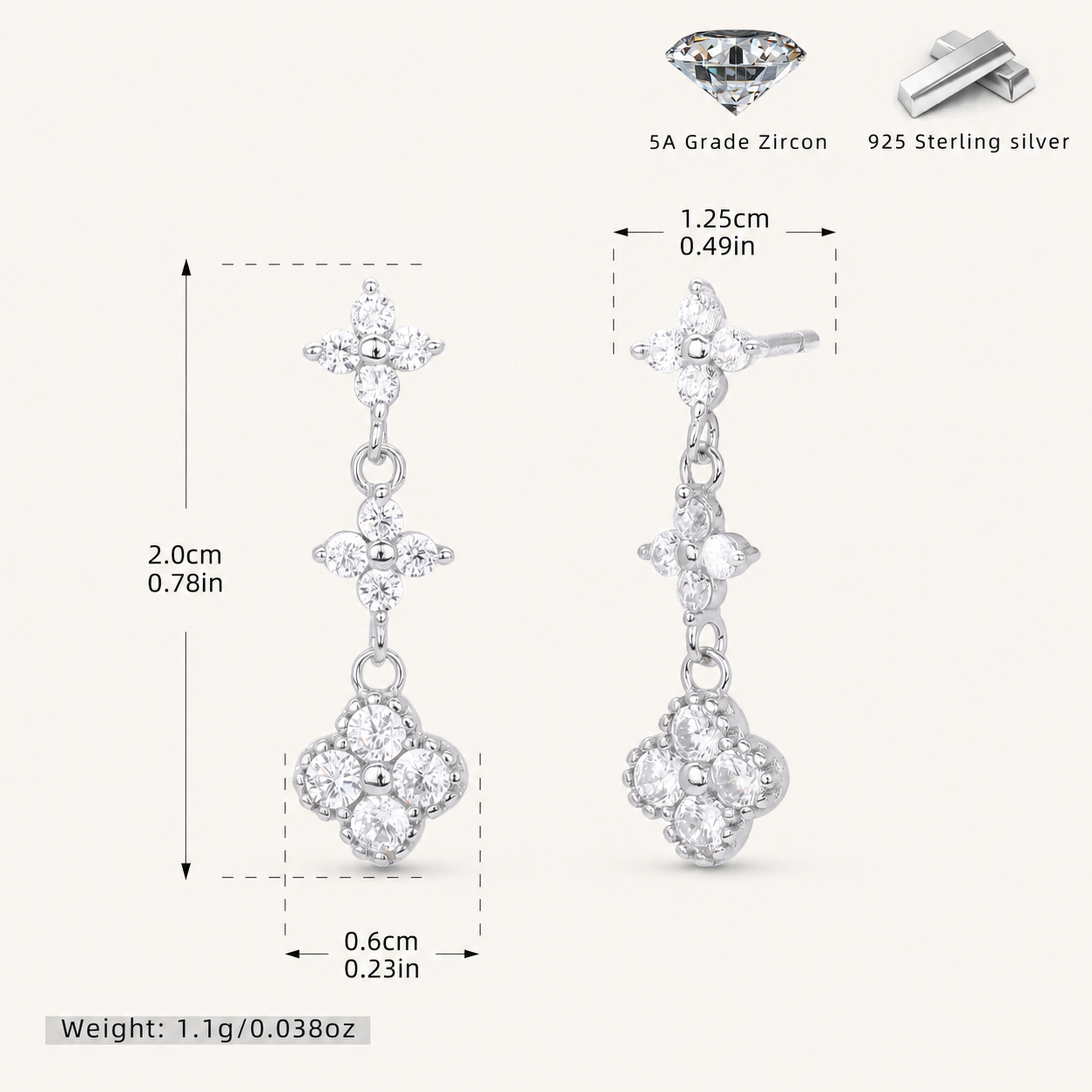 Sterling Silver Colored Zirconia Flower Stud Earrings - Platinum / Zircon
