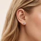 Sterling Silver Four-Leaf Clover Stud Earrings worn on the ear