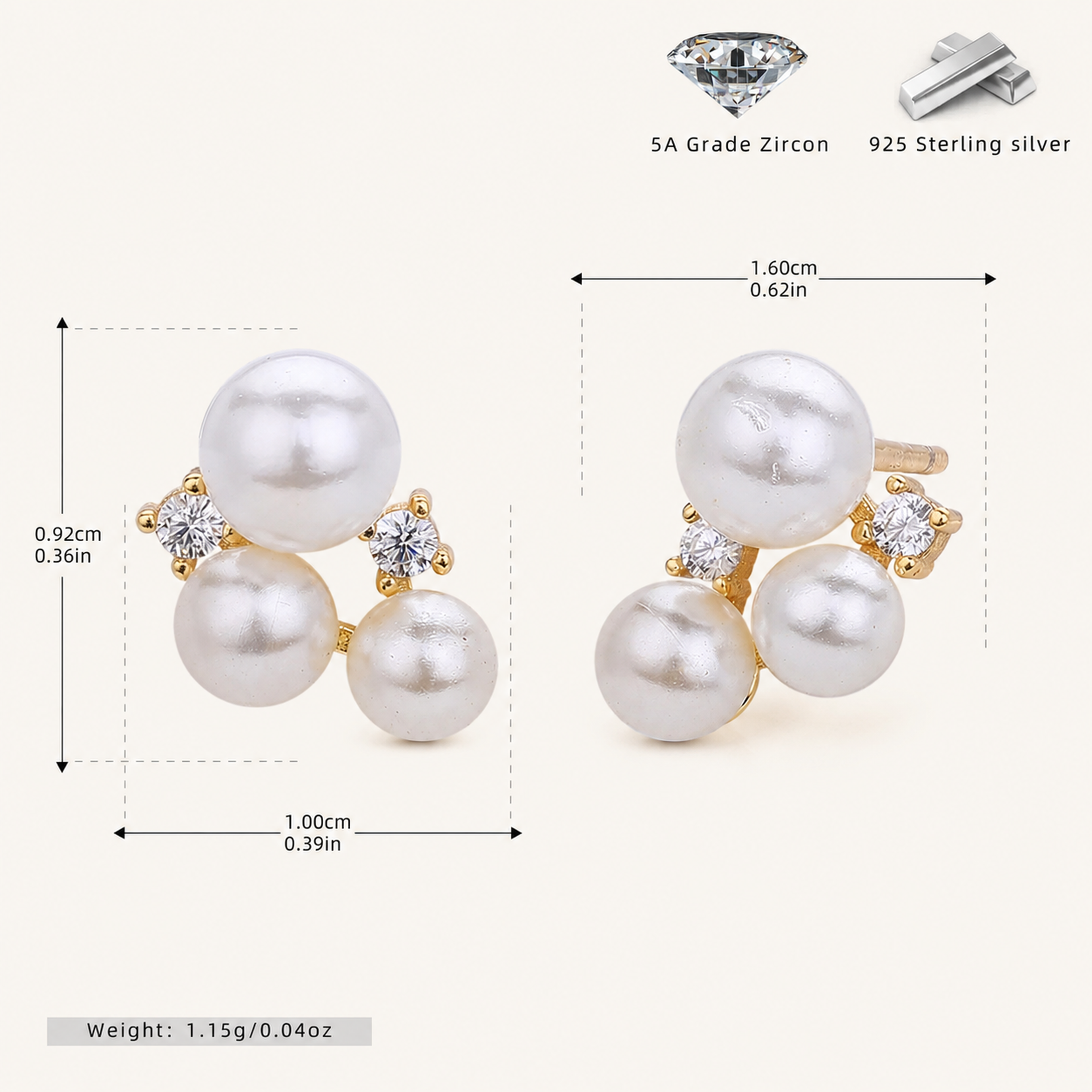 Sterling Silver Freshwater Pearl Stud Earrings - Gold