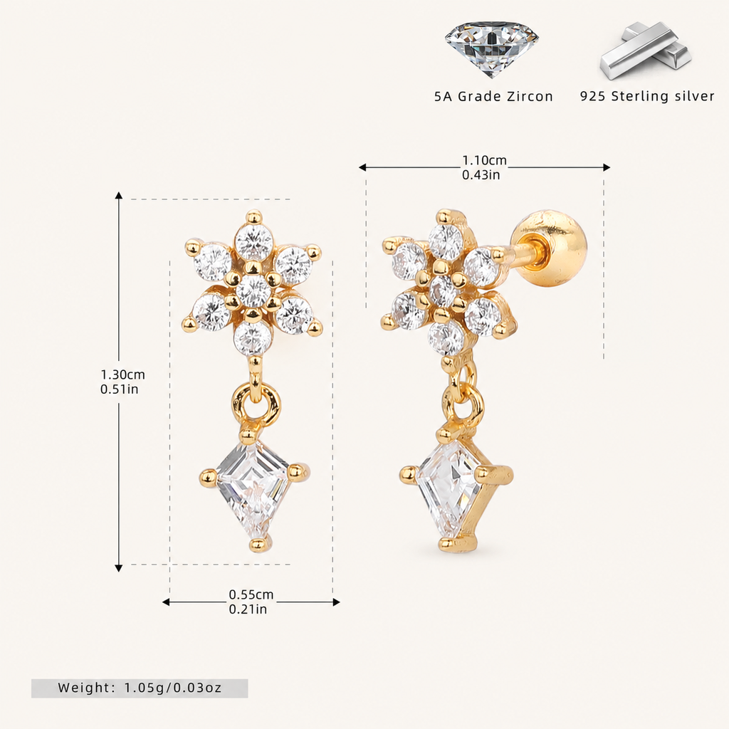 Sterling Silver Flower Zirconia Chain Drop Flat Back Earrings - Gold