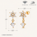 Sterling Silver Flower Zirconia Chain Drop Flat Back Earrings - Gold