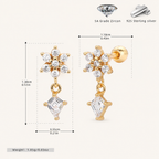 Sterling Silver Flower Zirconia Chain Drop Flat Back Earrings - Gold