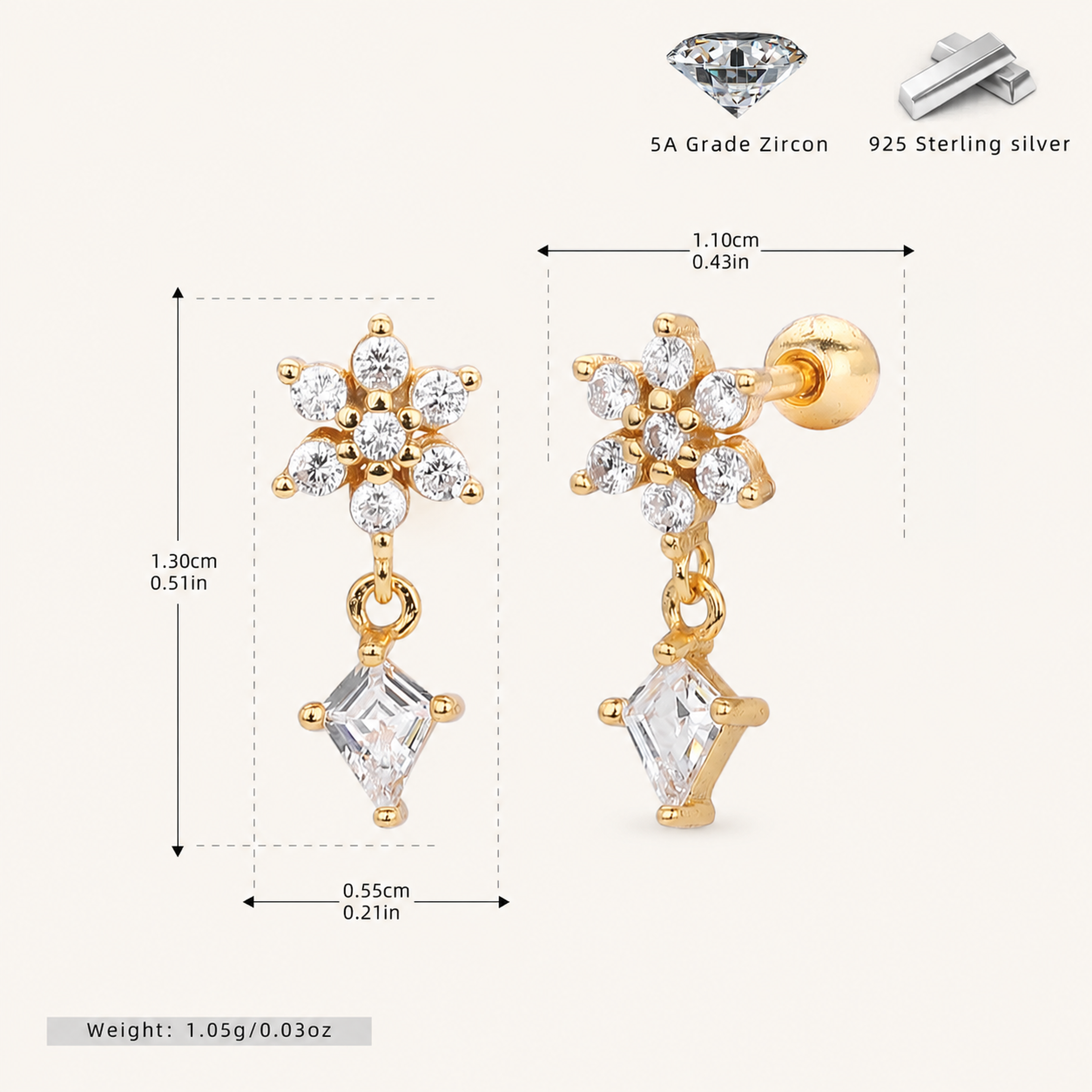 Sterling Silver Flower Zirconia Chain Drop Flat Back Earrings - Gold