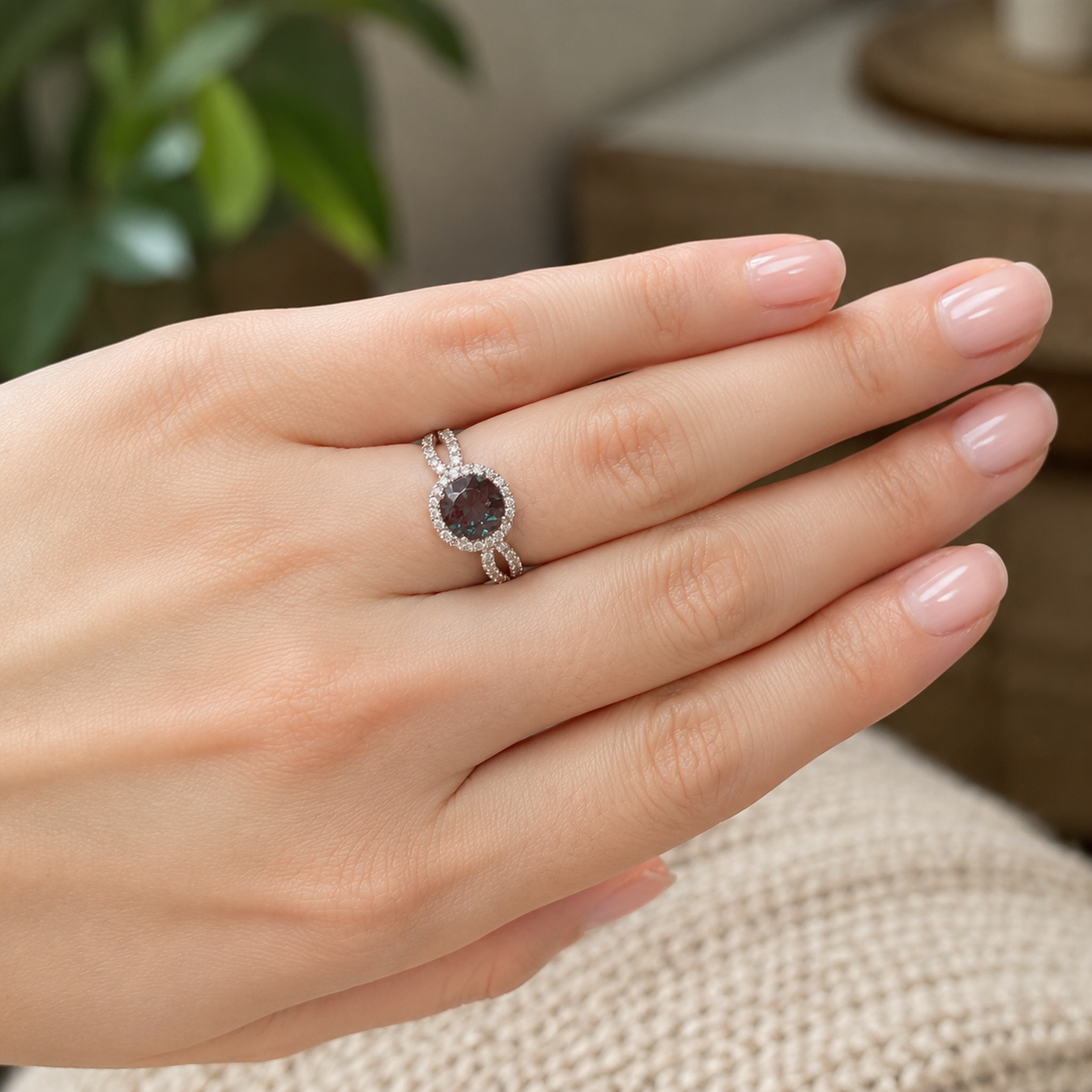 Interlace Lab-Grown Alexandrite Ring worn on hand