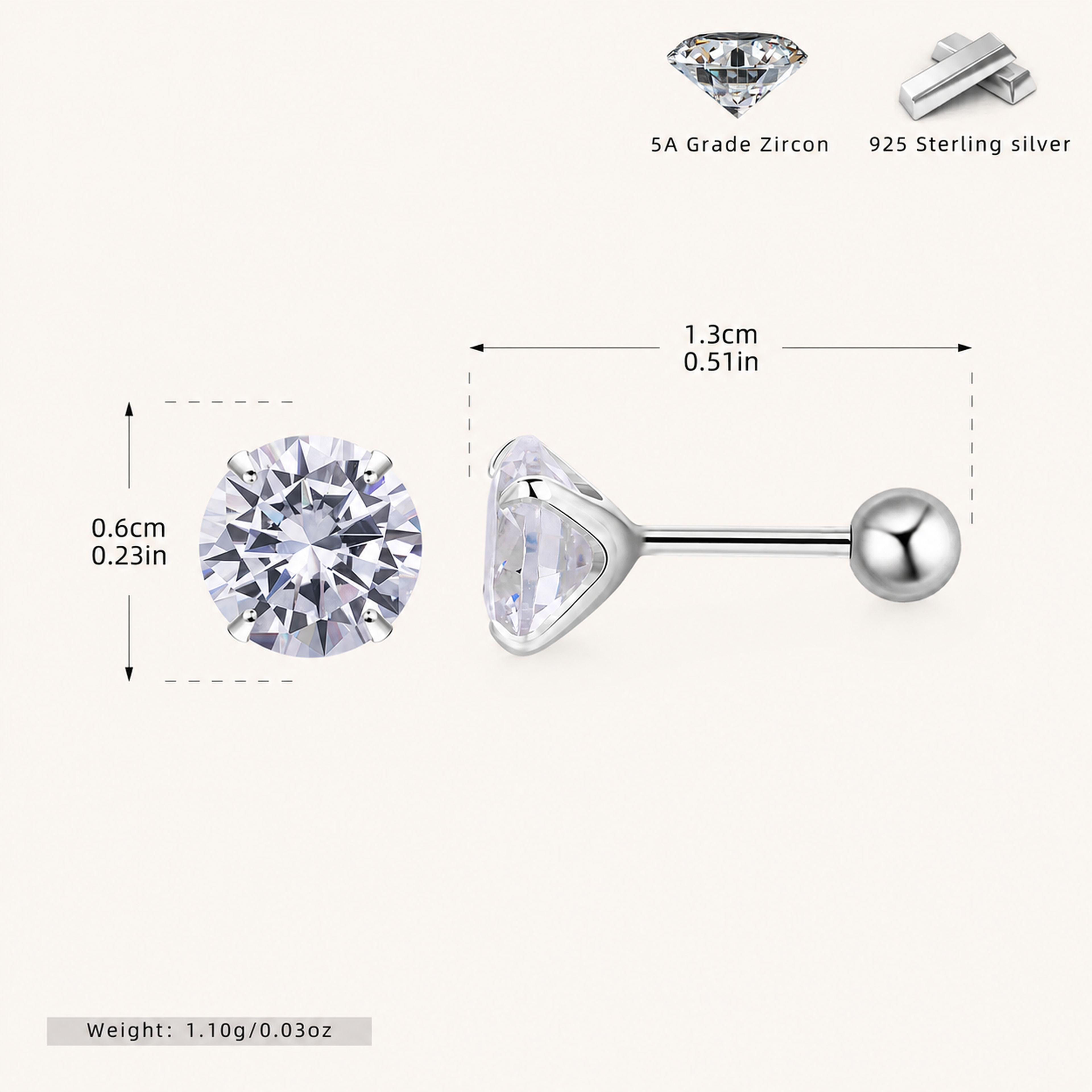 Sterling Silver Four-Prong Zirconia Flat Back Earrings - Platinum / 6mm