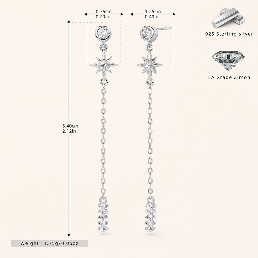 Sterling Silver Zirconia Tassel Chain Drop Stud Earrings - Platinum