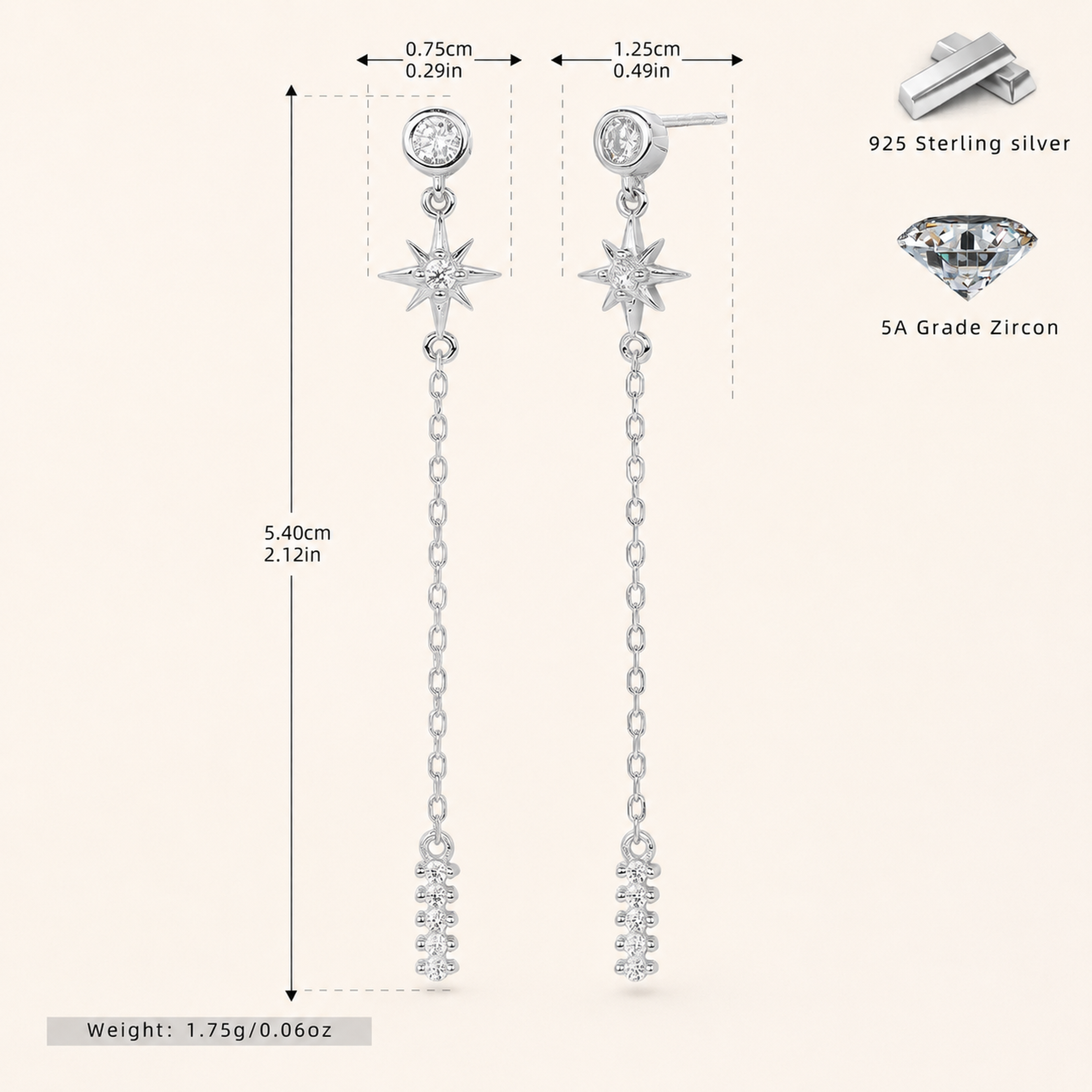 Sterling Silver Zirconia Tassel Chain Drop Stud Earrings - Platinum