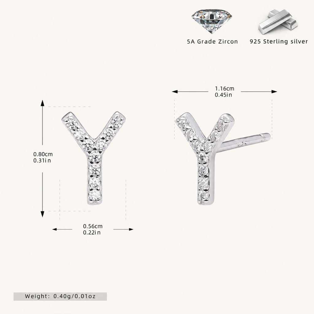 Sterling Silver Pave Initial Letter Stud Earrings - Platinum / Y