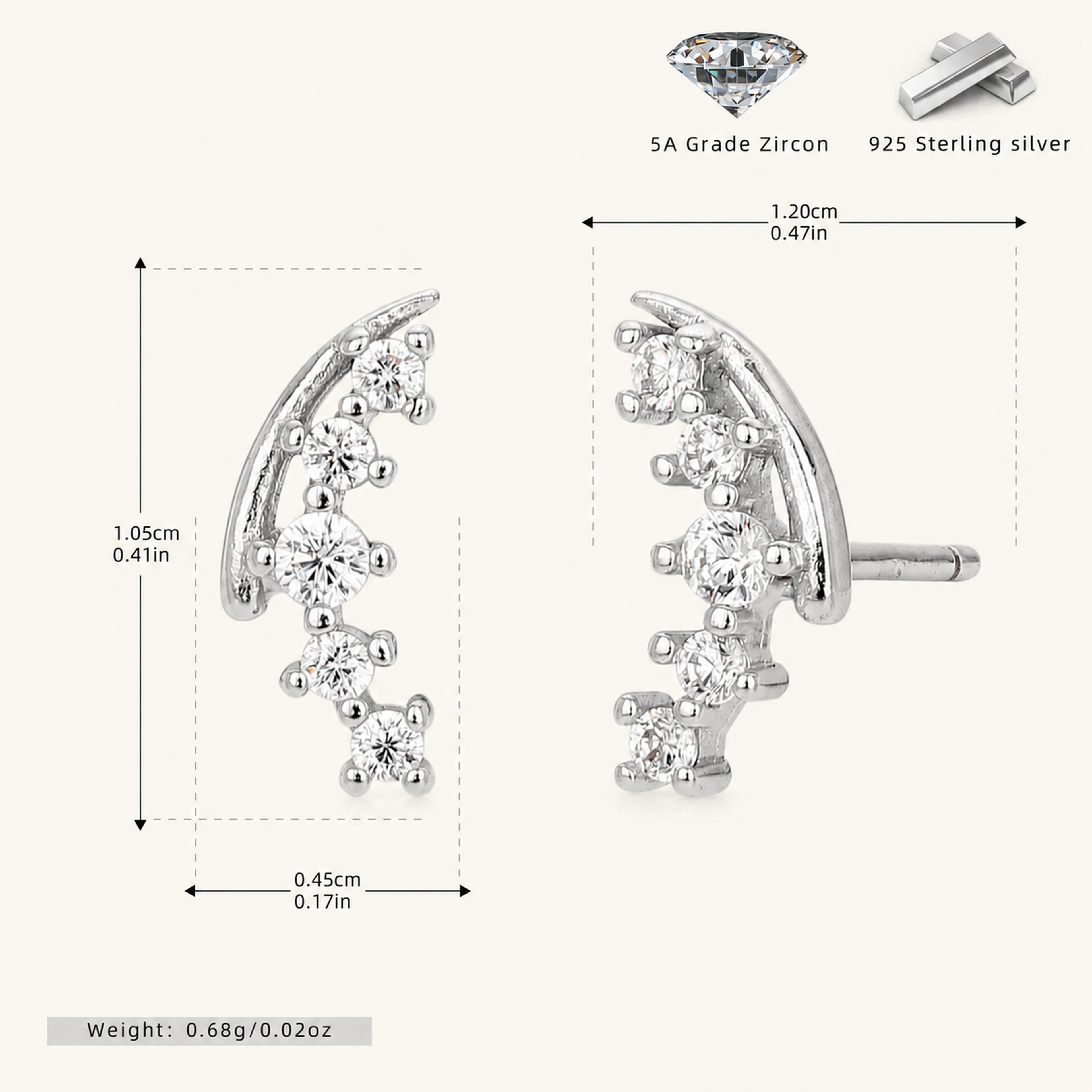 Sterling Silver Petite Cubic Zirconia Stud Earrings - Platinum