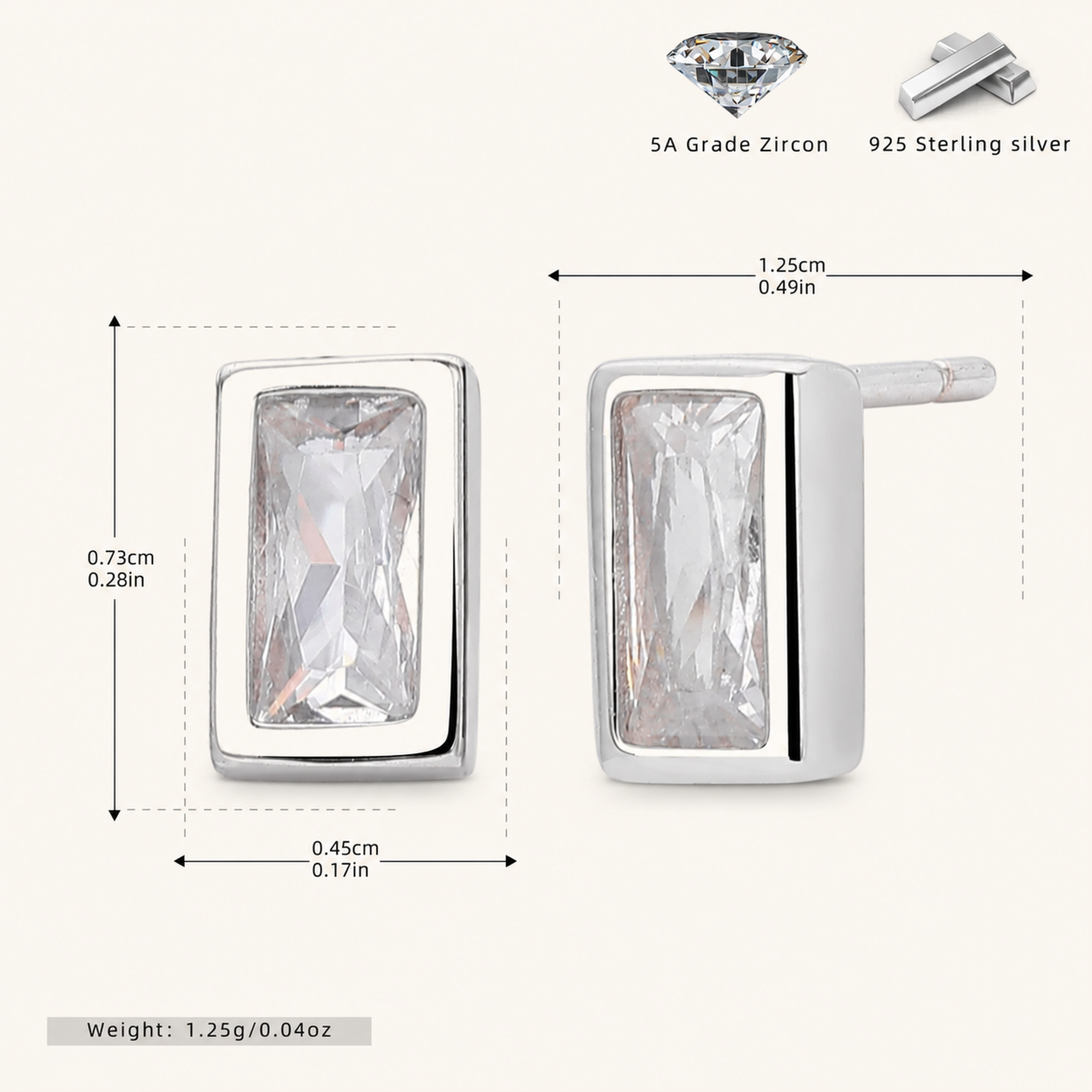 Sterling Silver Square Zirconia Stud Earrings - Platinum