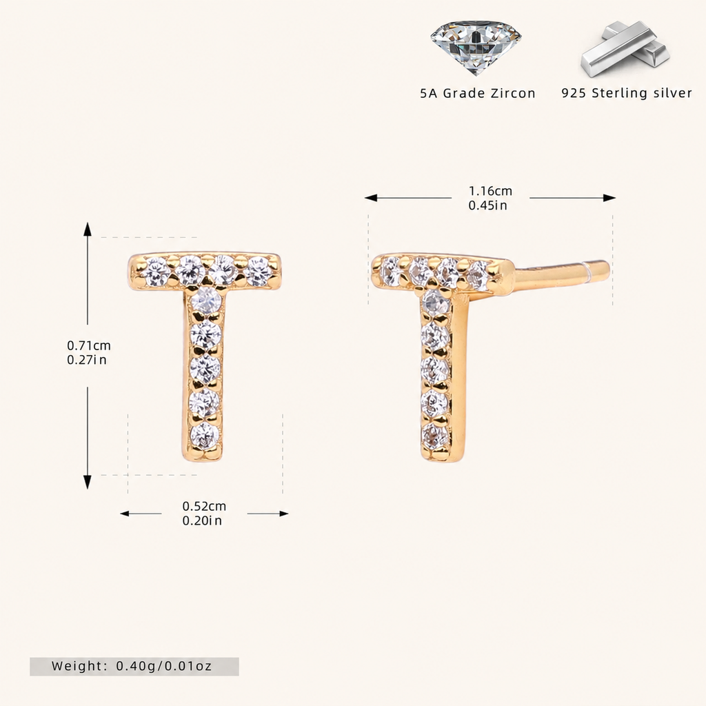 Sterling Silver Pave Initial Letter Stud Earrings - Gold / T