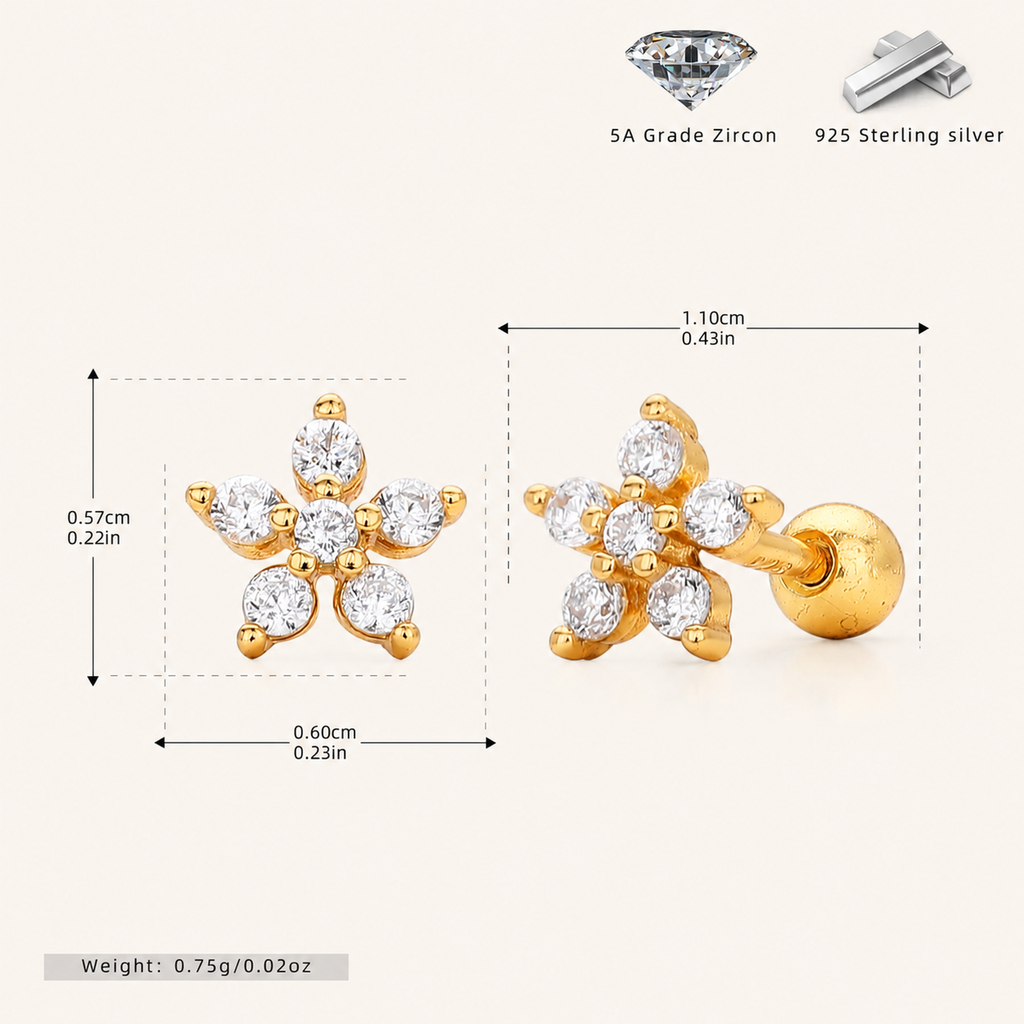 Sterling Silver Zirconia Flower Flat Back Earrings - Gold