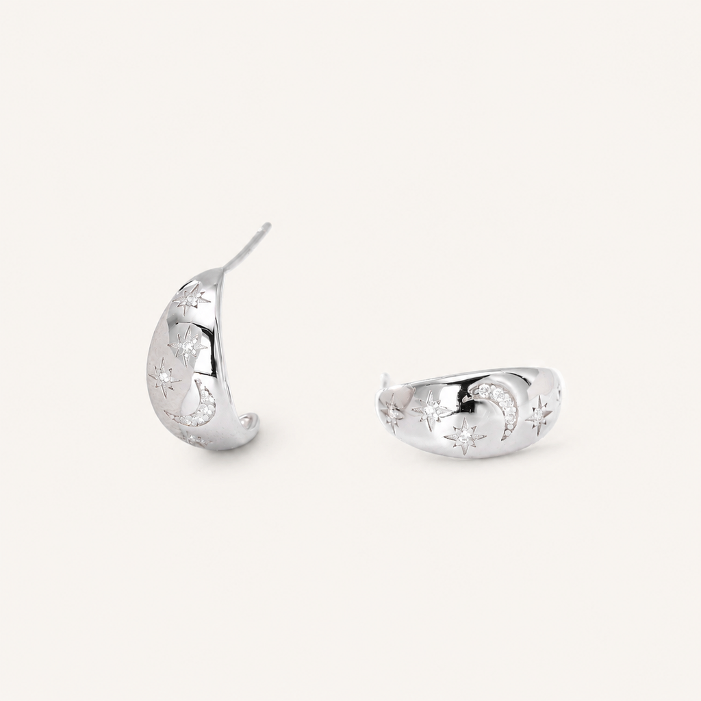 Sterling Silver Pave Star and Moon Stud Earrings detail