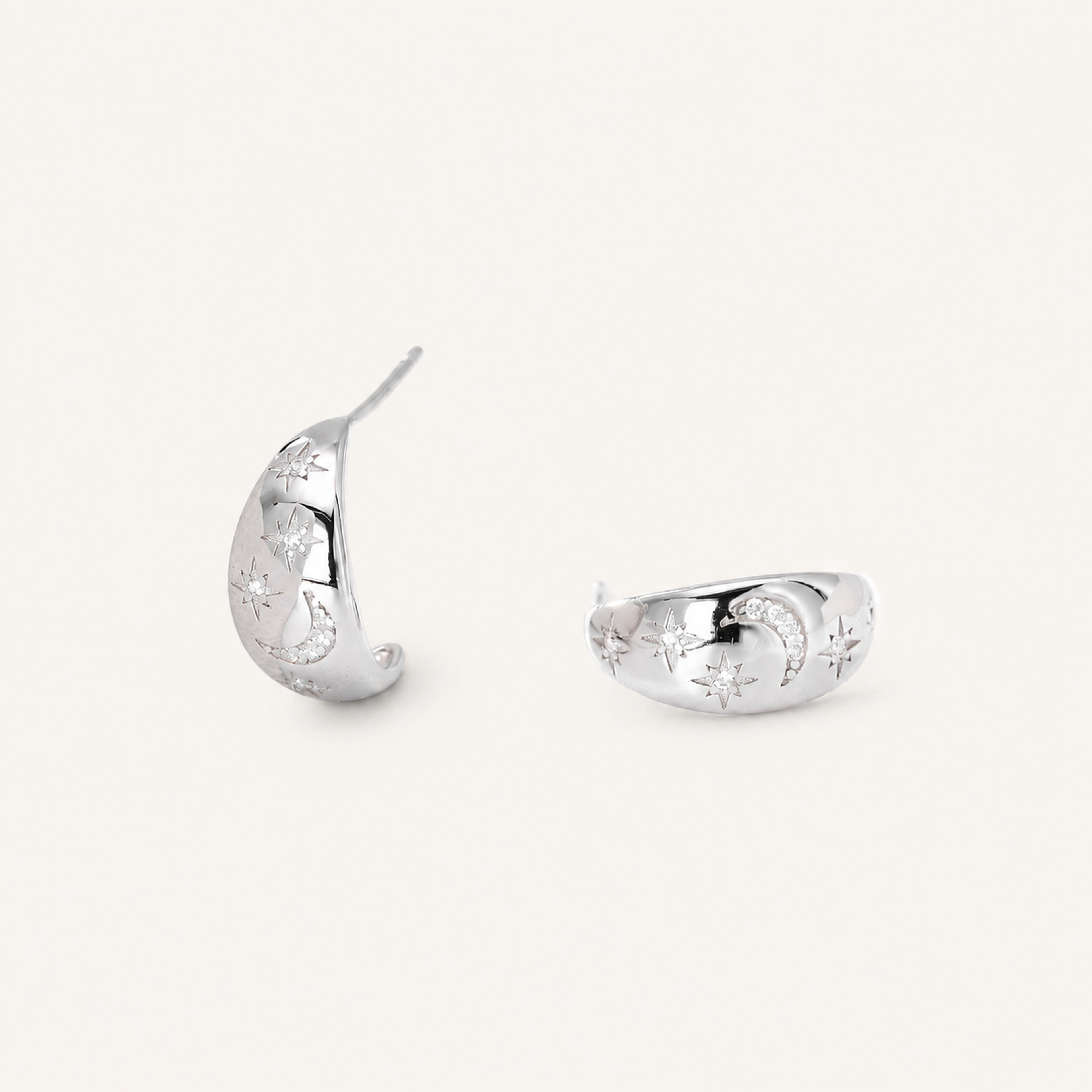Sterling Silver Pave Star and Moon Stud Earrings detail