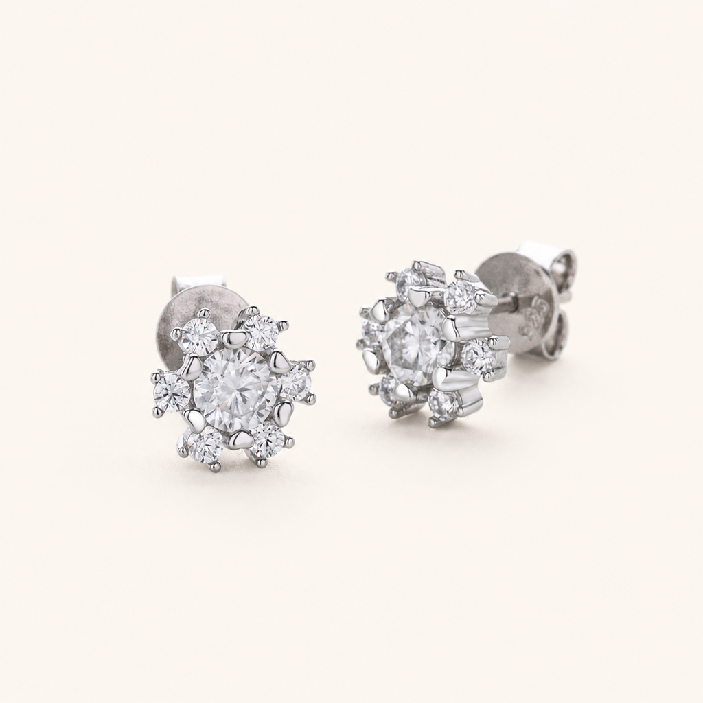 Sterling Silver Moissanite Snowflake Stud Earrings detail