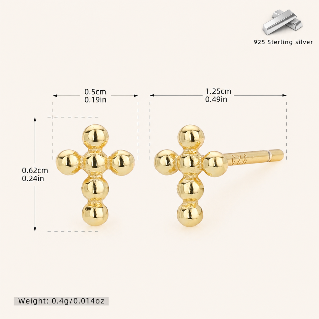 Sterling Silver Polished Cross Stud Earrings - Gold