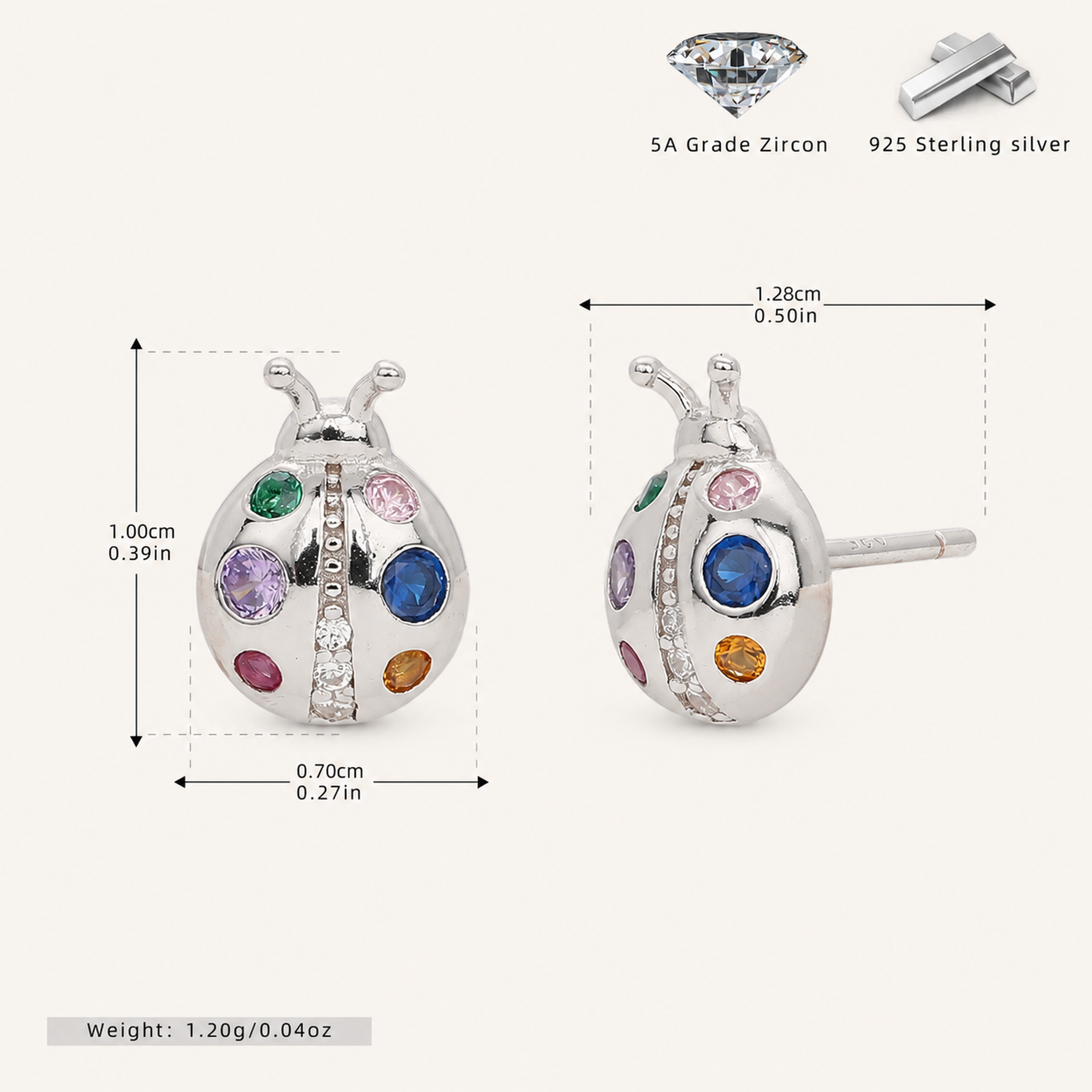 Sterling Silver Color Zirconia Ladybug Stud Earrings - Platinum