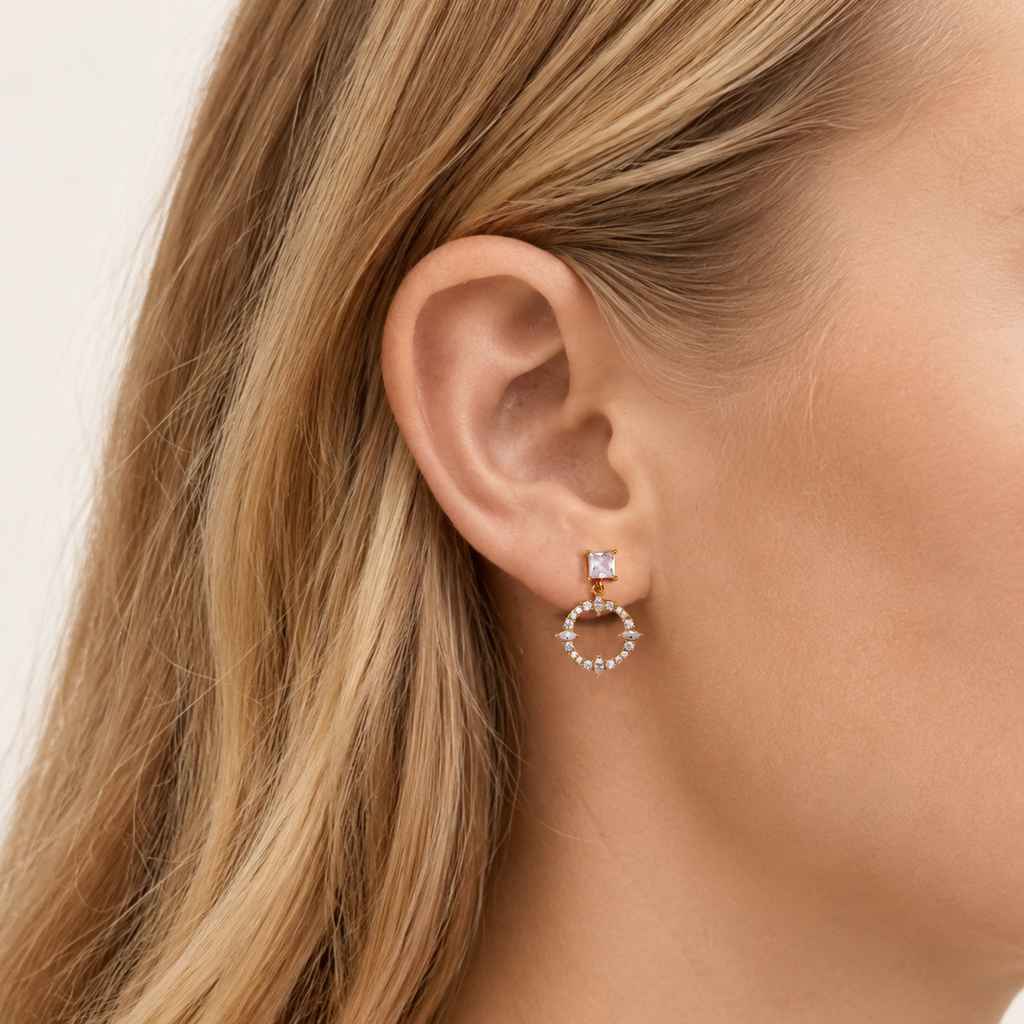 Sterling Silver French Pavé Zirconia Stud Earrings worn on the ear
