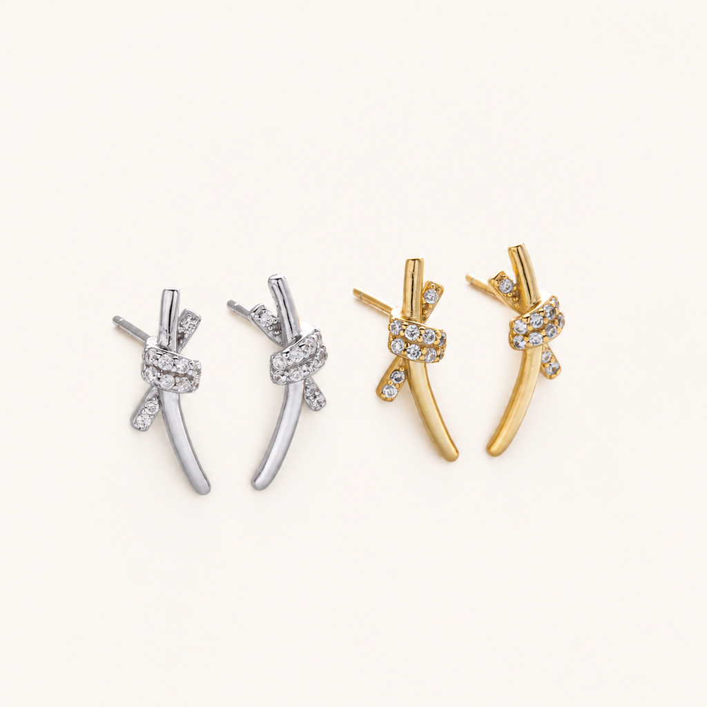 Sterling Silver Pave Zirconia Knot Stud Earrings detail view