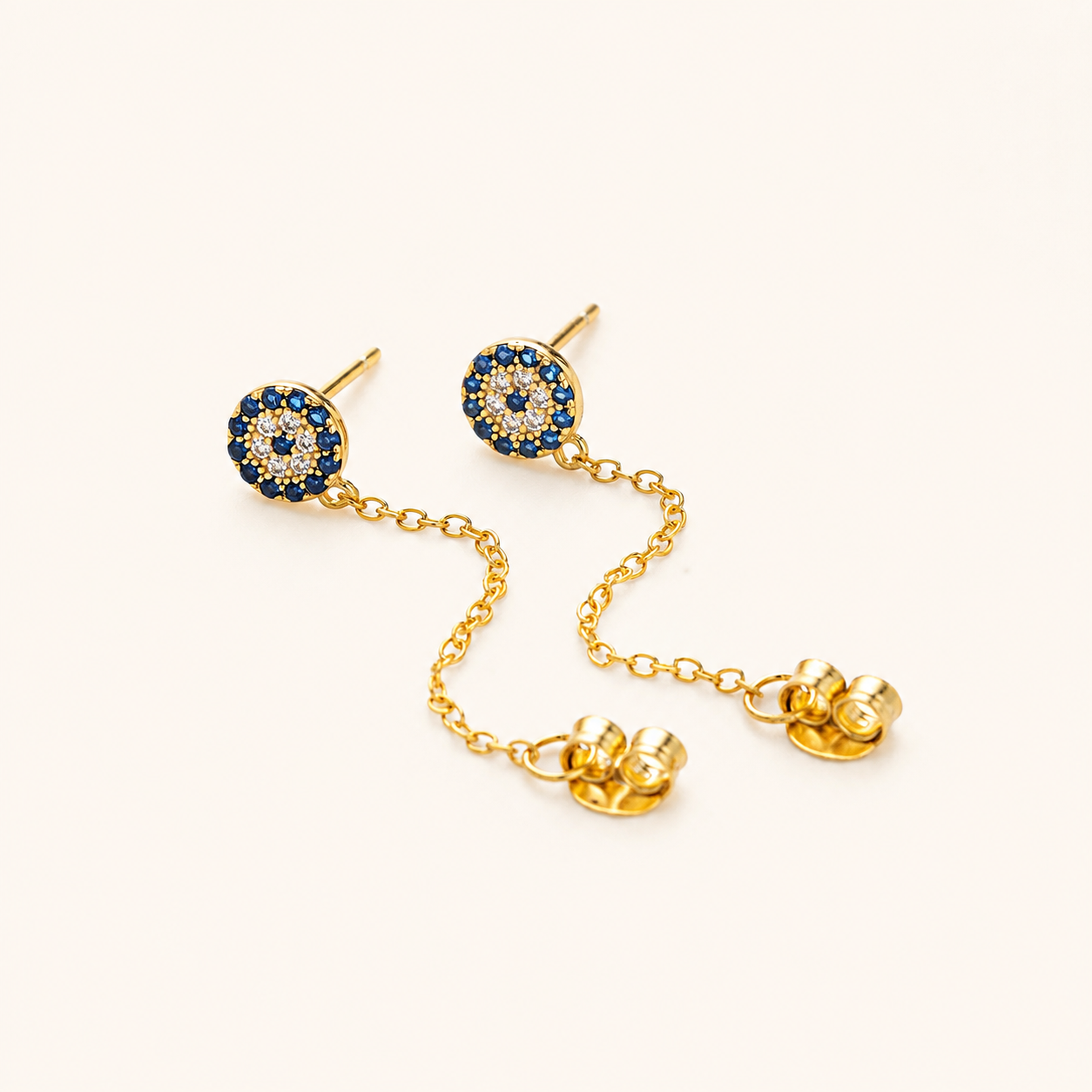 Sterling Silver Evil Eye Zirconia Chain Drop Stud Earrings detail view