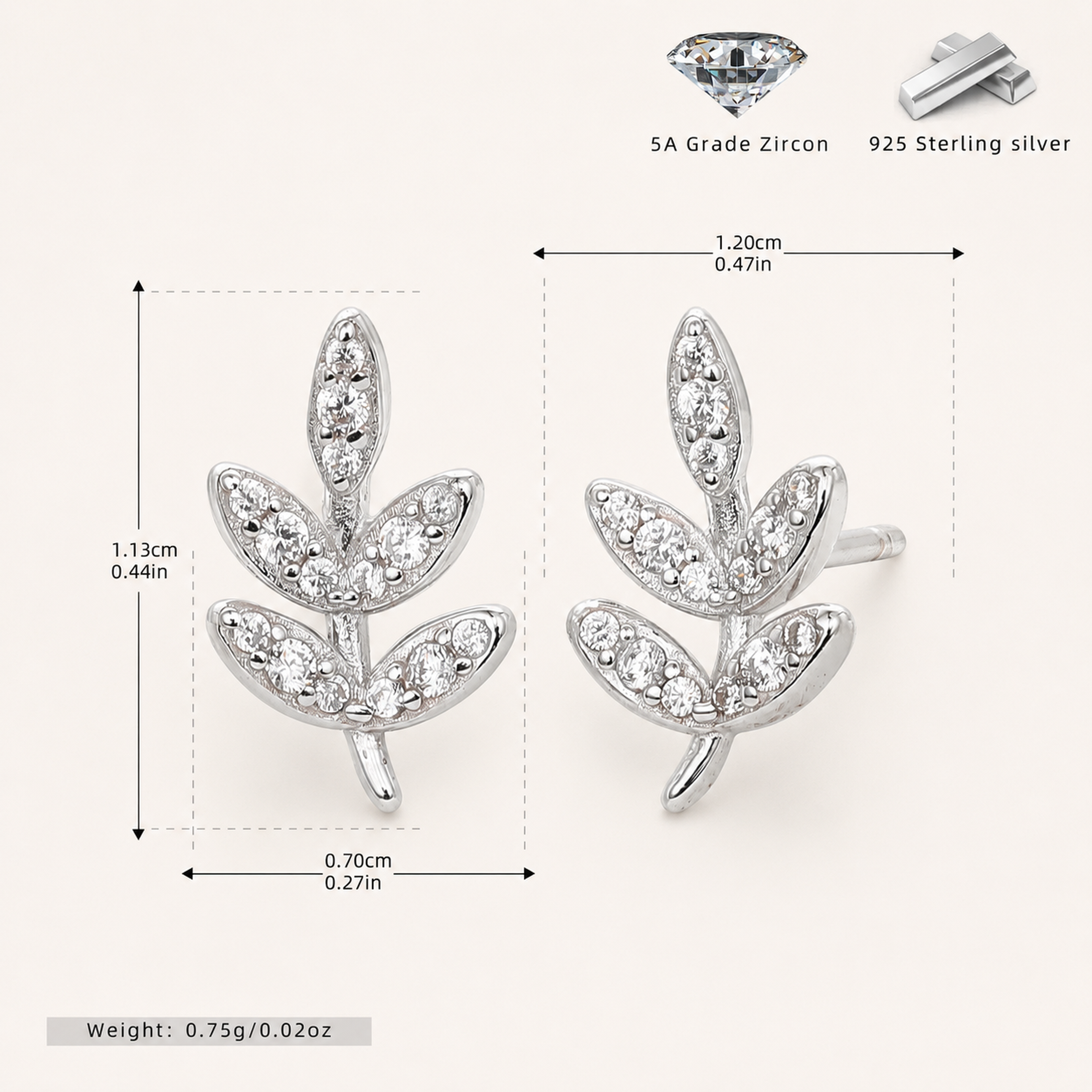 Sterling Silver Round Zirconia Solitaire Stud Earrings - Platinum