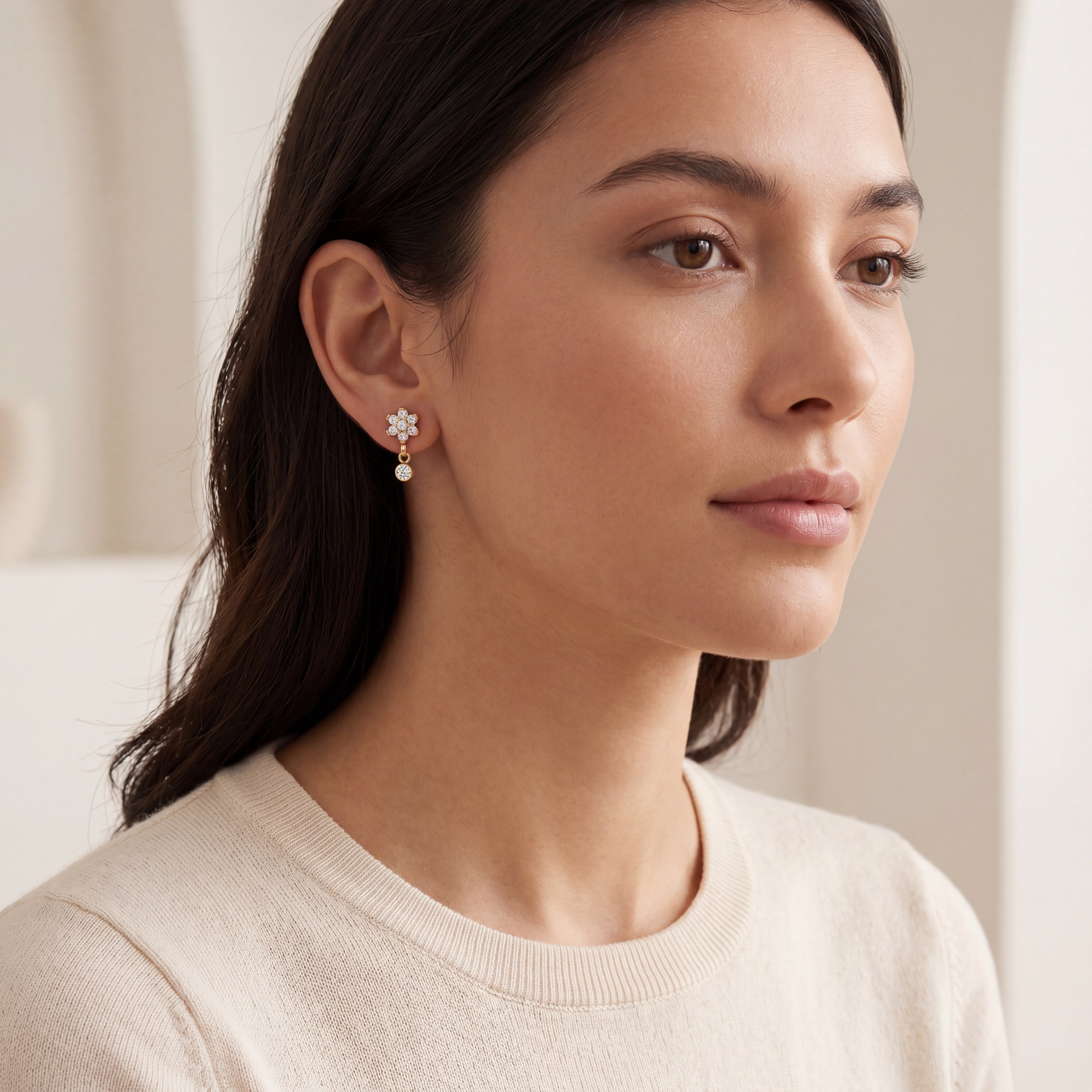 Four-Petal Crystal Drop Titanium Flat Back Earring - image 3