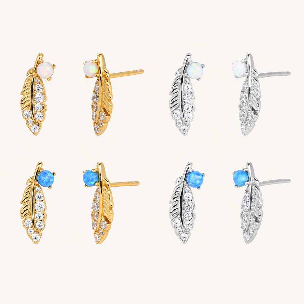 Sterling Silver Opal Feather Stud Earrings