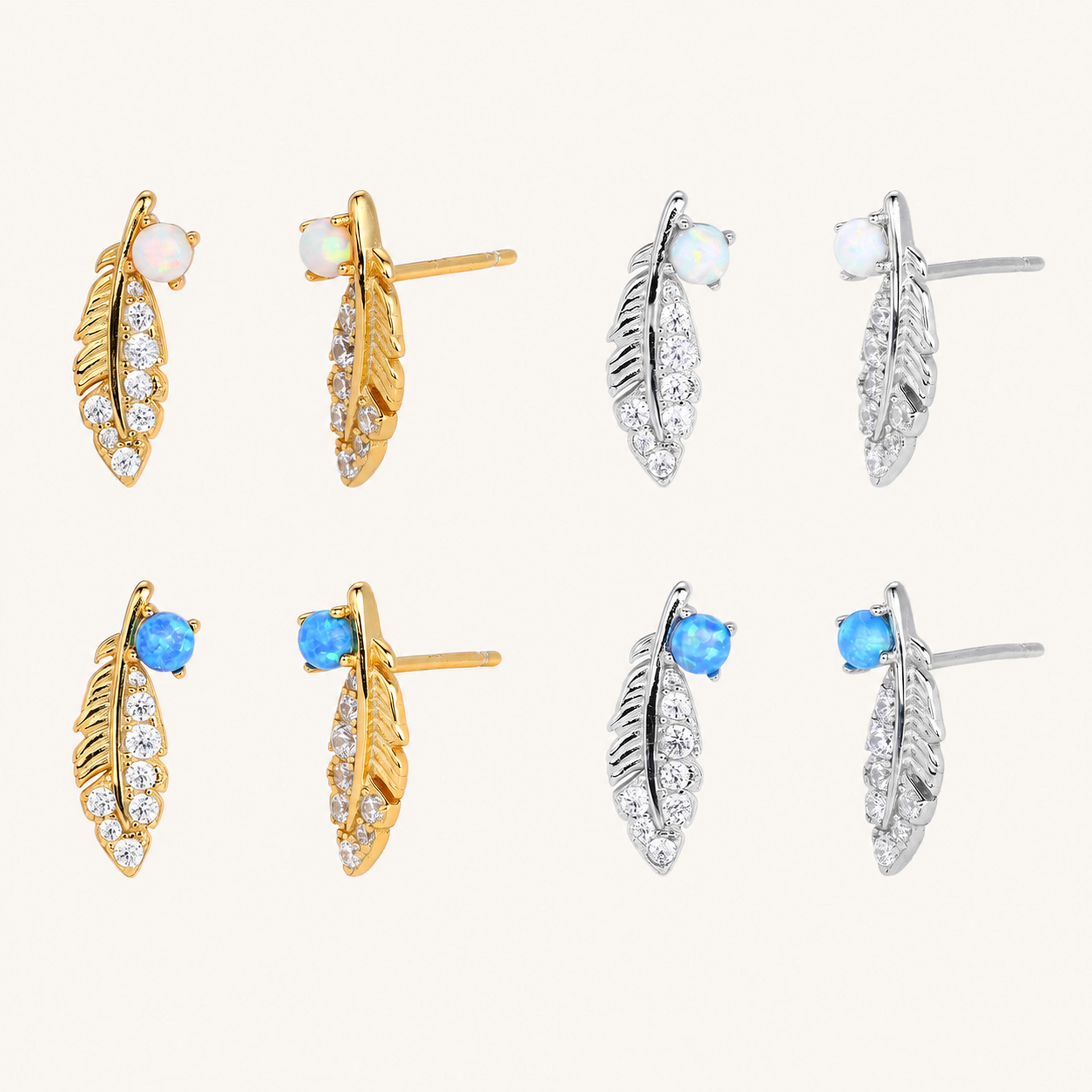 Sterling Silver Opal Feather Stud Earrings