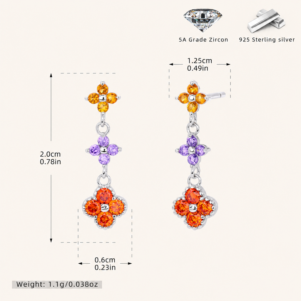 Sterling Silver Colored Zirconia Flower Stud Earrings - Platinum / Orange Zircon