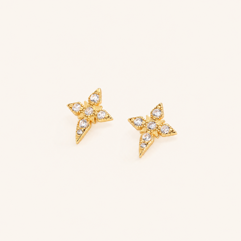 Sterling Silver Four-Point Star Zirconia Stud Earrings detail