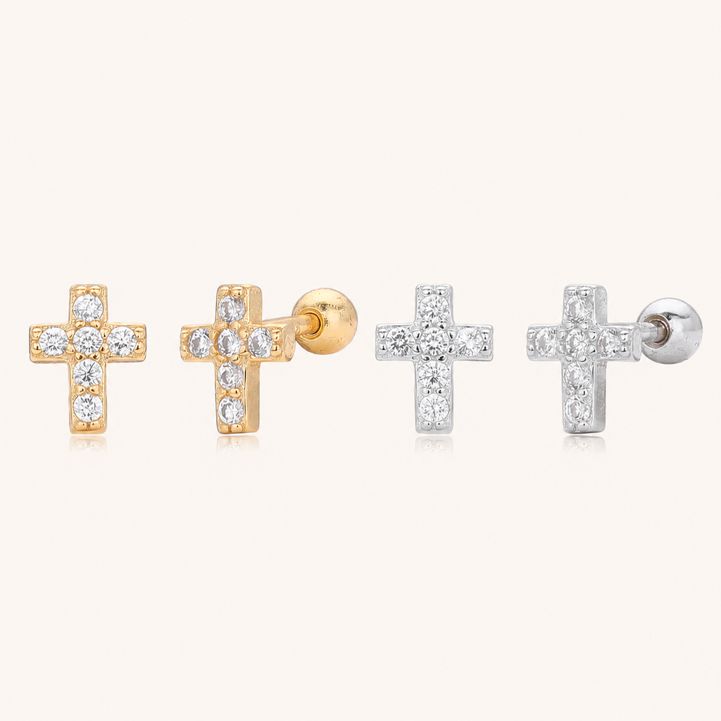 Sterling Silver Cross Zirconia Flat Back Earrings