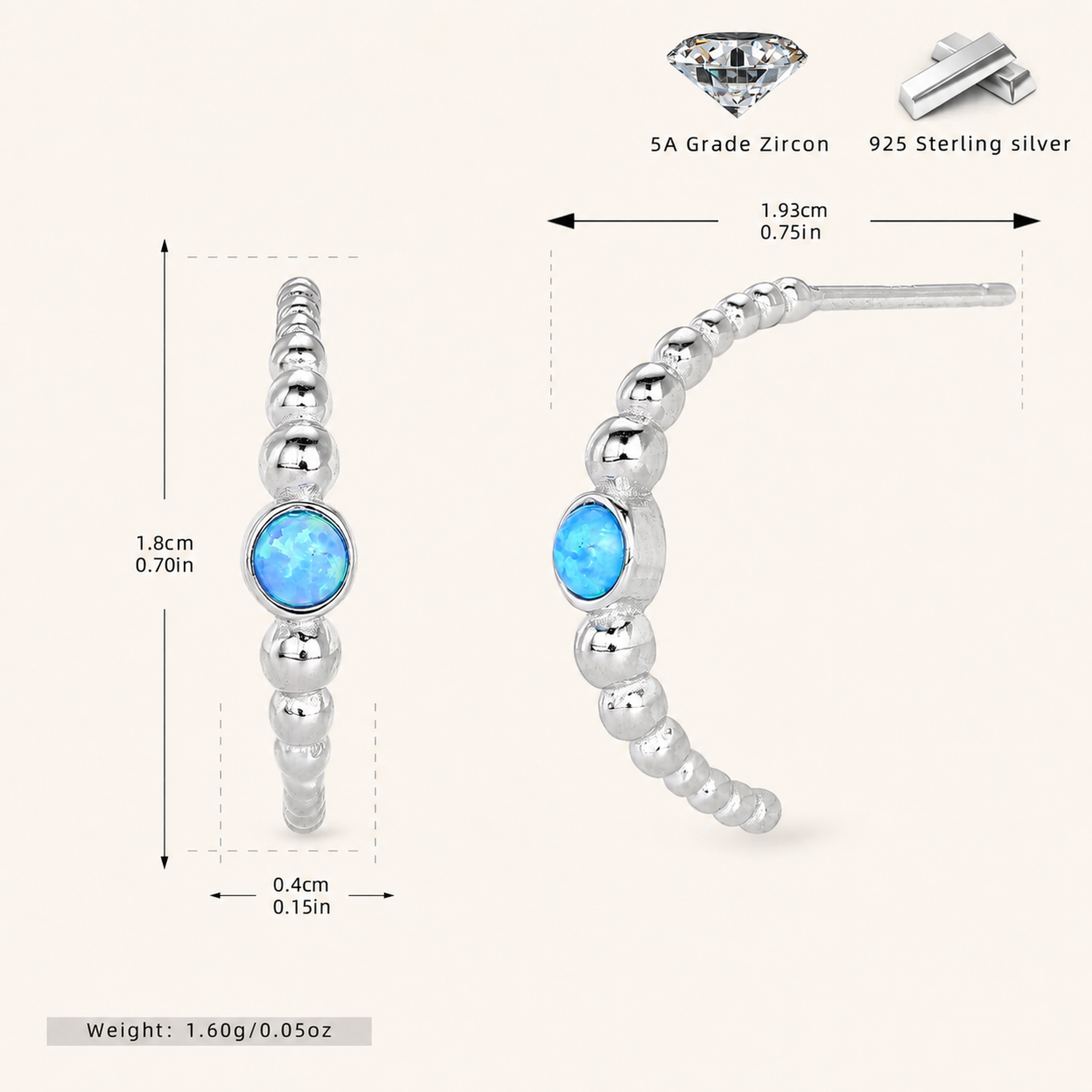 Sterling Silver Geometric Opal Stud Earrings - Platinum / Blue Opal