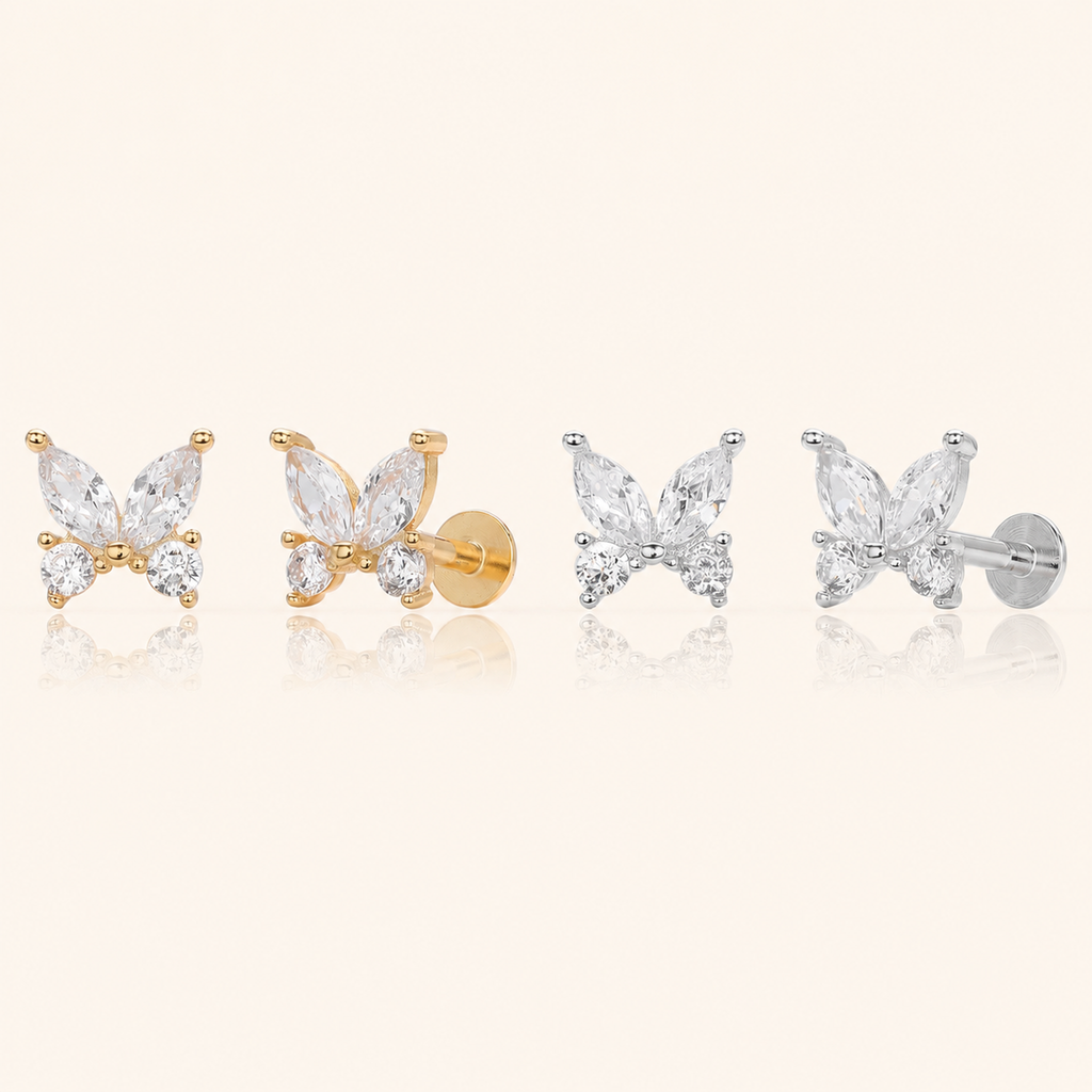 Sterling Silver Butterfly Zirconia Flat Back Earrings