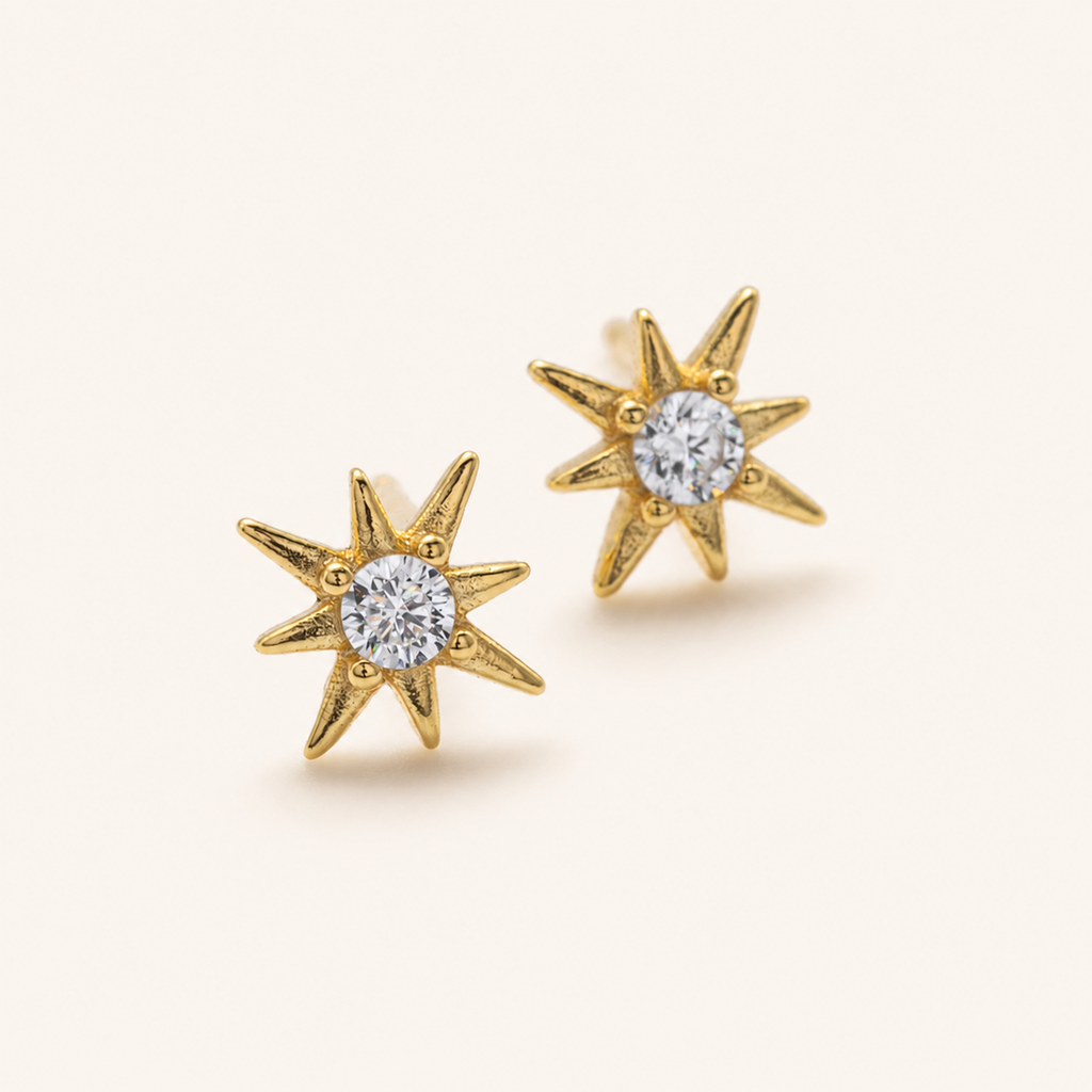 Sterling Silver Lucky Eight-Point Star Zirconia Stud Earrings detail view