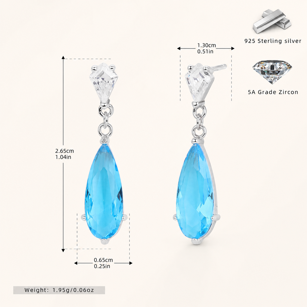 Sterling Silver Zirconia Teardrop Stud Earrings - Platinum / Aqua
