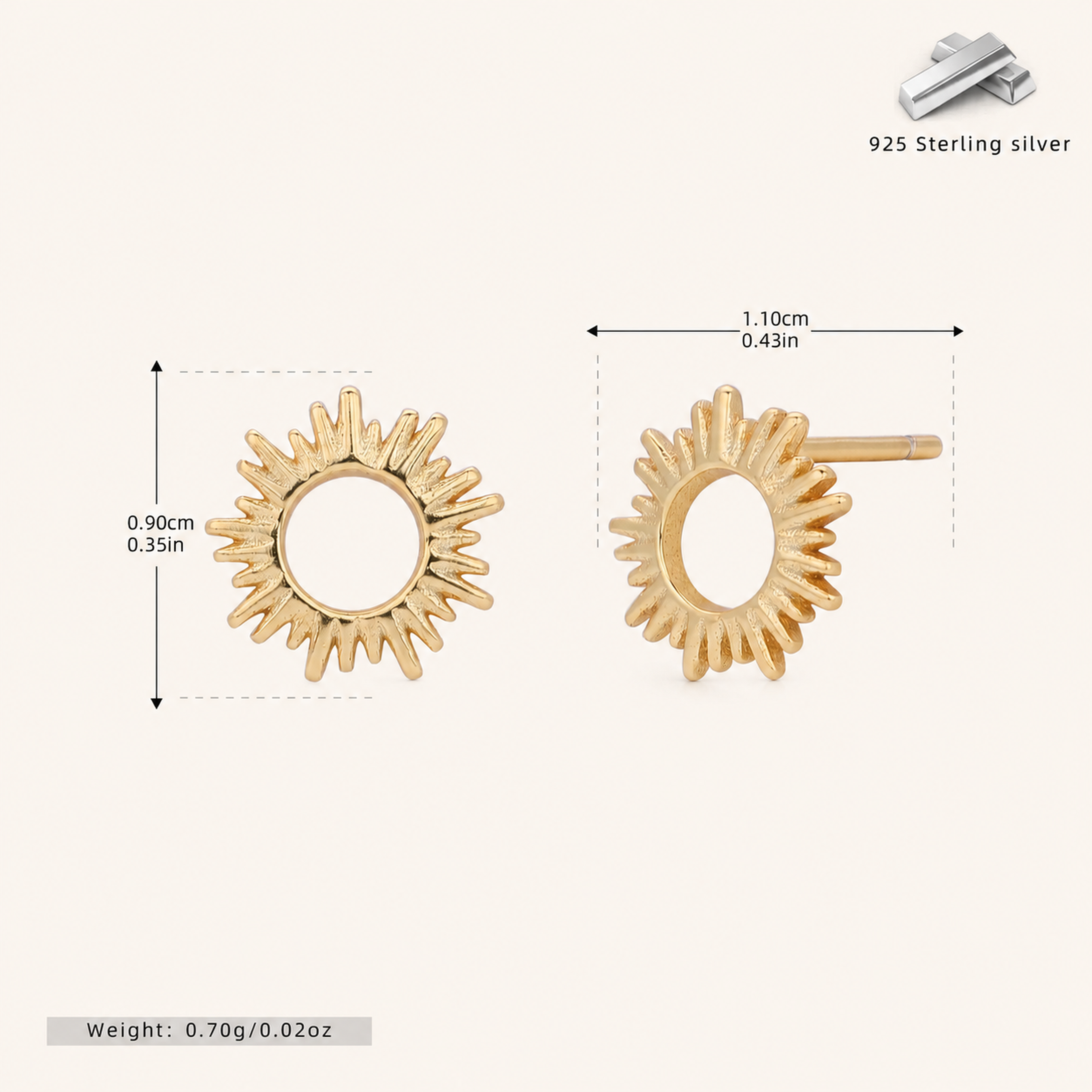 Sterling Silver Little Sun Stud Earrings - Gold