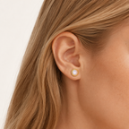 Sterling Silver Round Pearl Stud Earrings worn on the ear