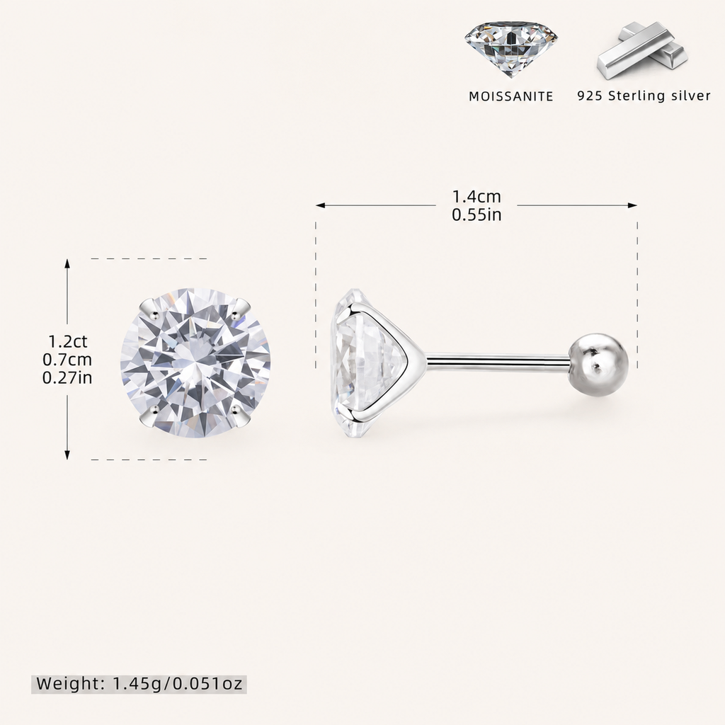 Sterling Silver Moissanite Four-Prong Solitaire Flat Back Earrings - Platinum / 7mm