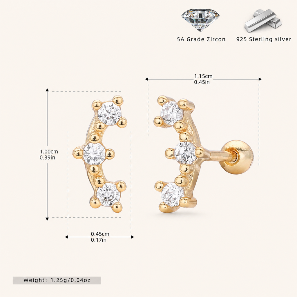 Sterling Silver Triple Star Zirconia Flat Back Earrings - Gold