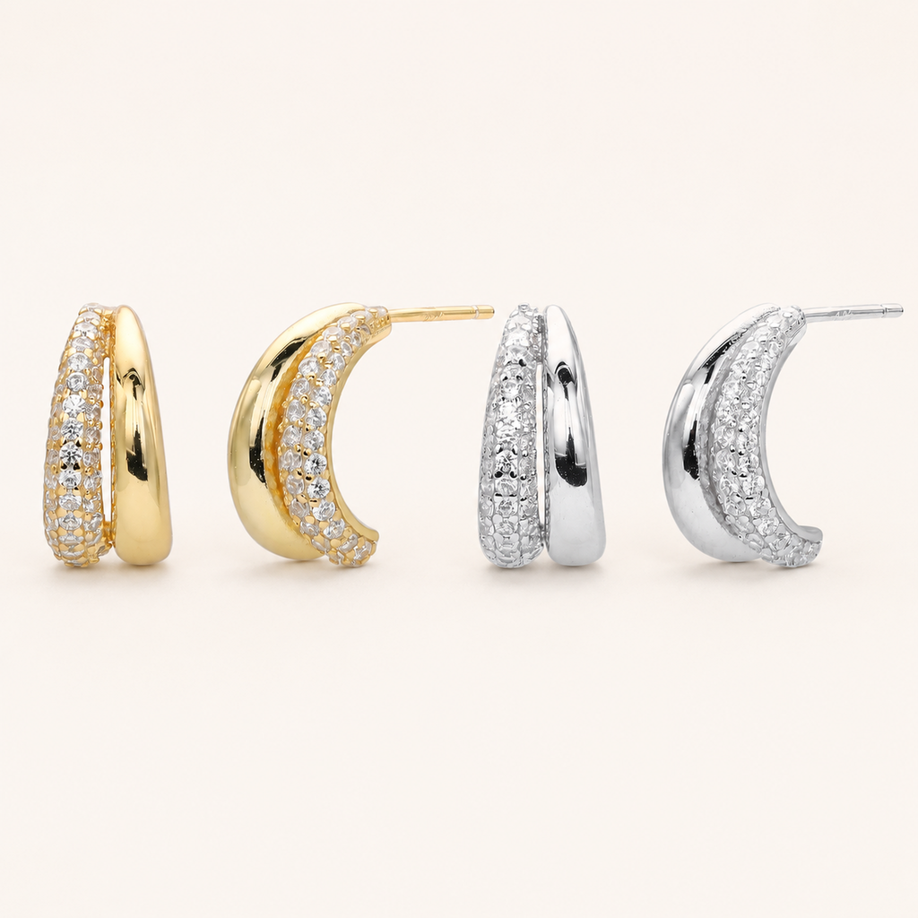 Sterling Silver Crescent Moon Zirconia Stud Earrings