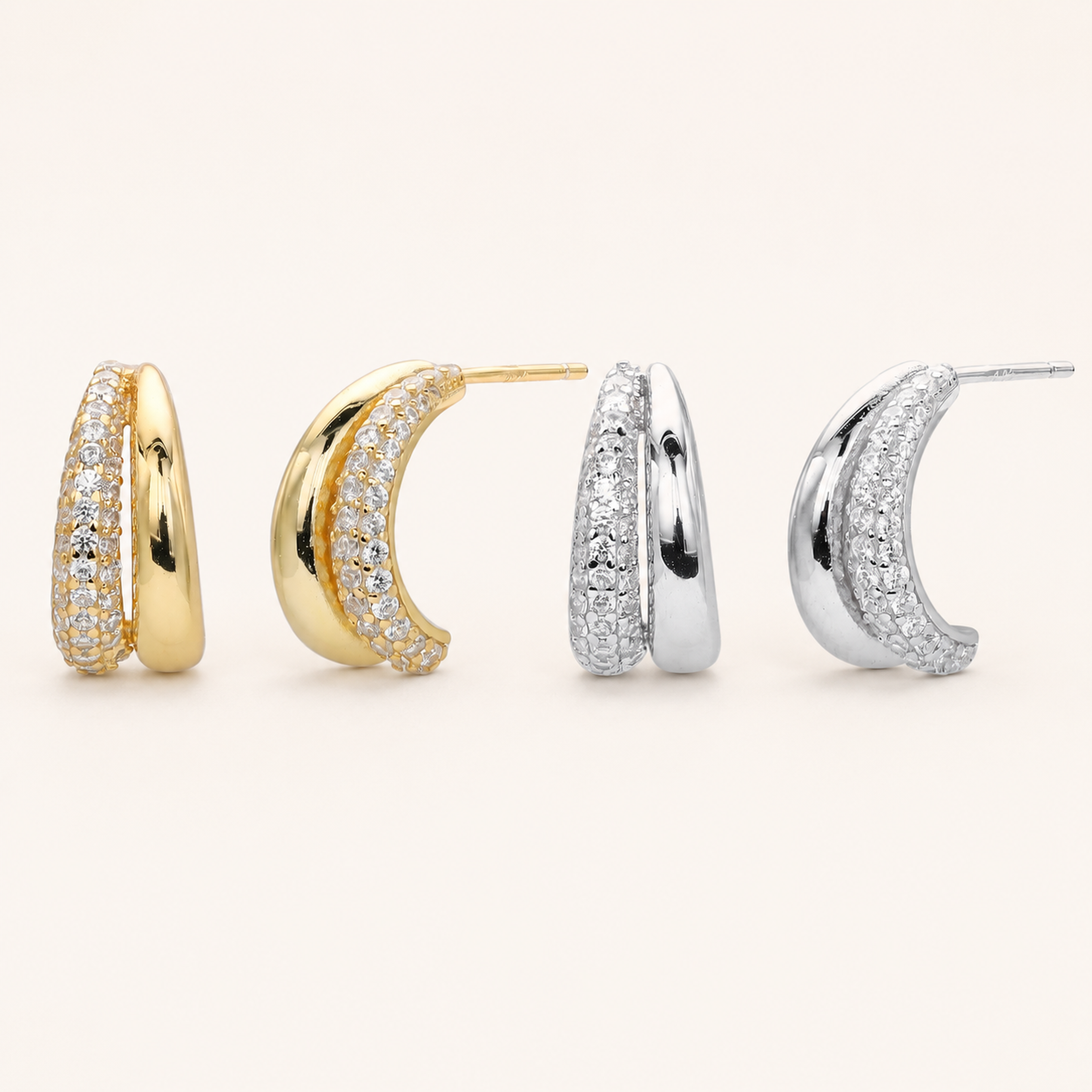 Sterling Silver Crescent Moon Zirconia Stud Earrings